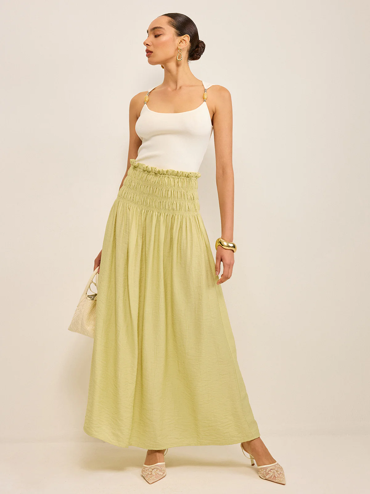 Pleated Linen Smocked Maxi Skirt - Wholesalesil