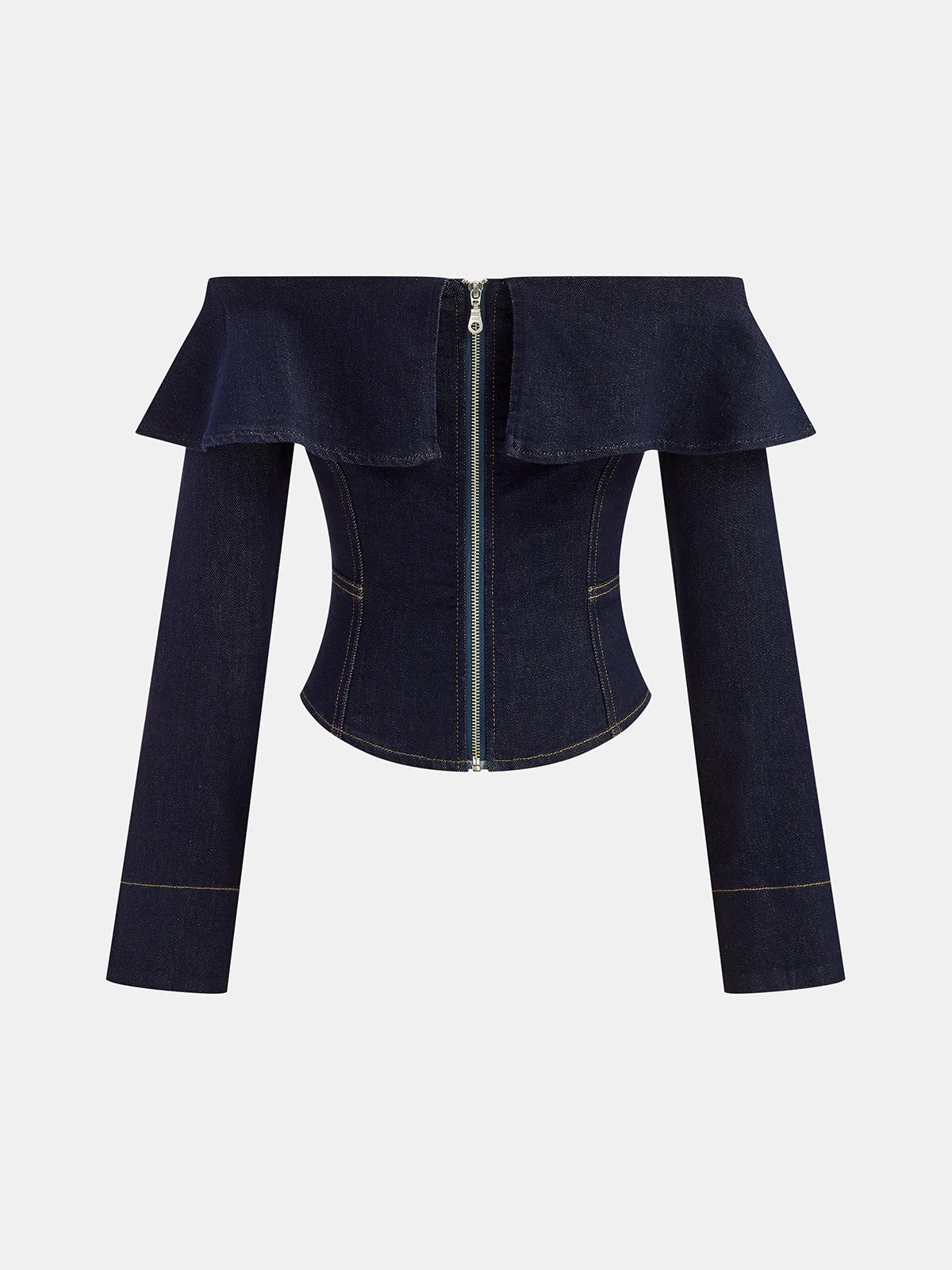 Off-Shoulder Ruffle Collar Denim Top - Wholesalesil