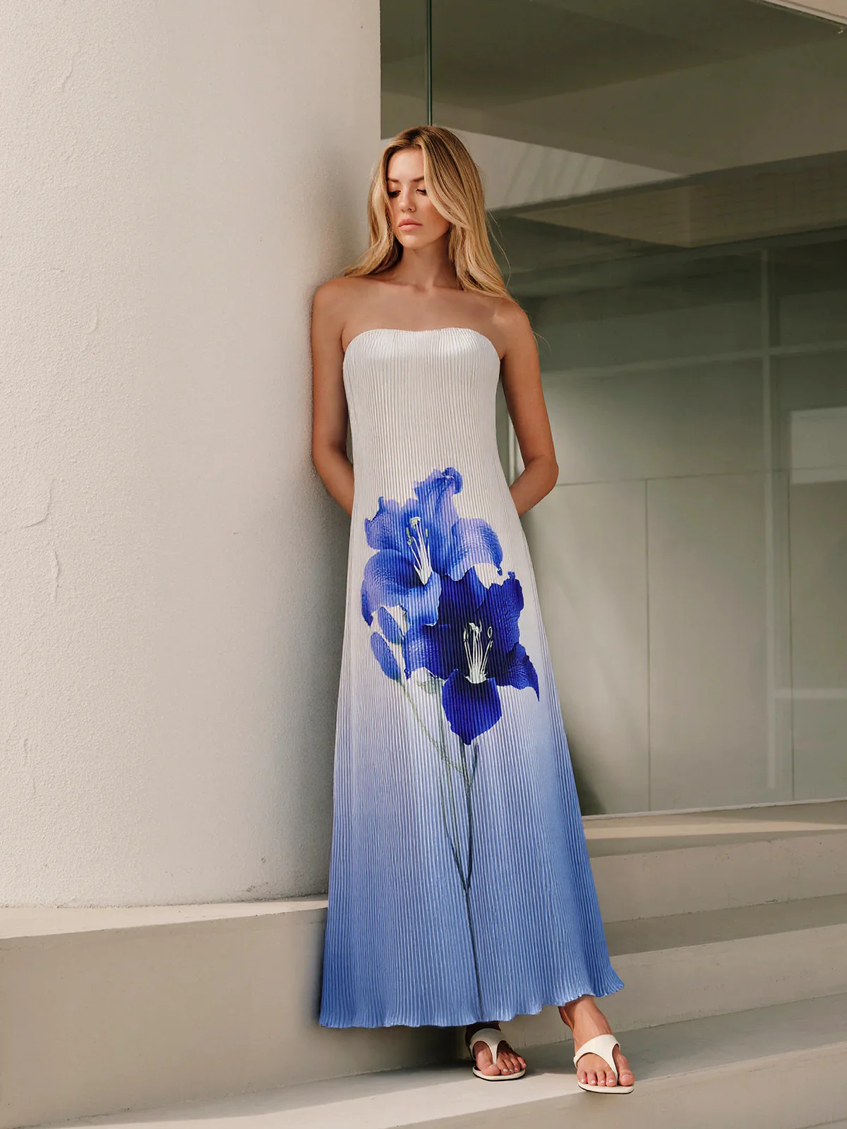 Floral Print Gradient Strapless Pleated Maxi Dress - Wholesalesil