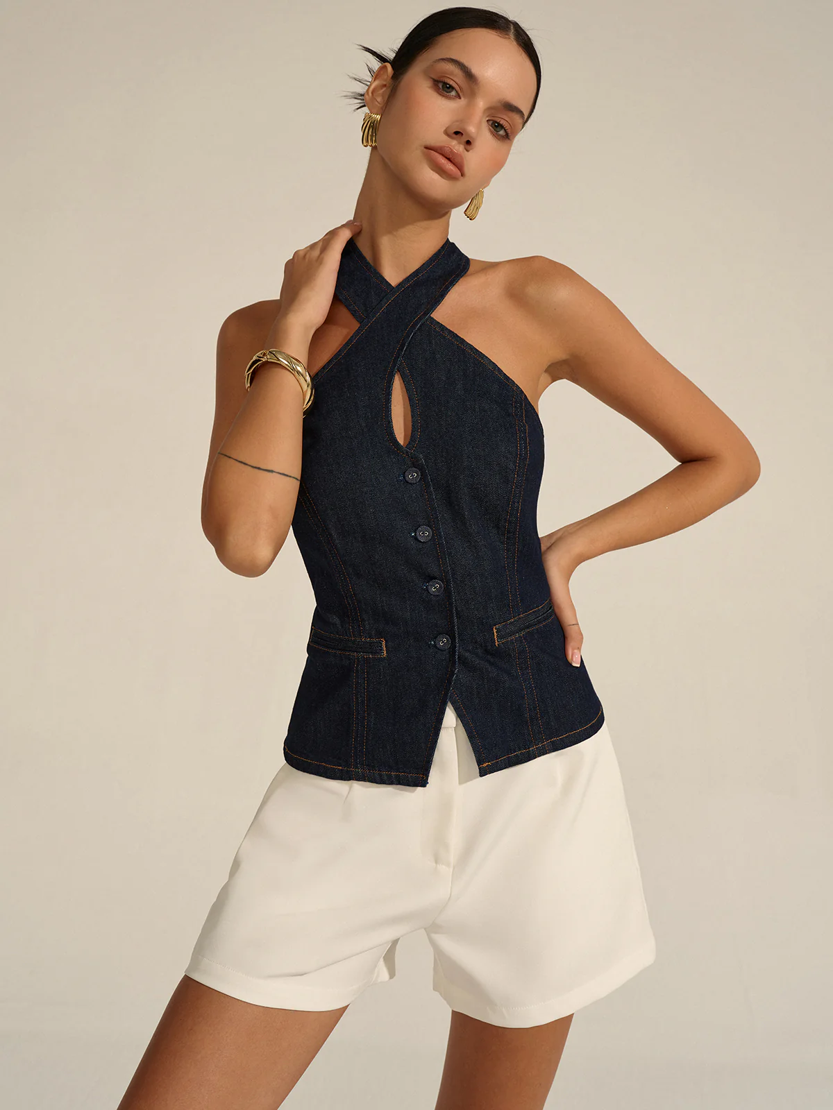 Denim Halter Crisscross Backless Top - Wholesalesil