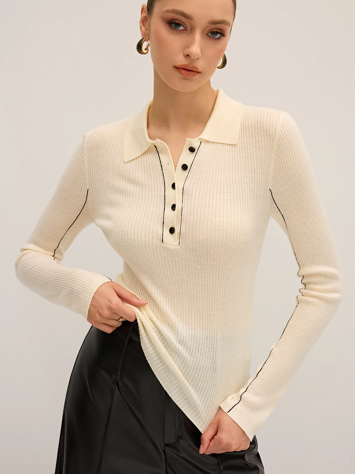 Wool Blend Ribbed Polo Knit Top - Wholesalesil