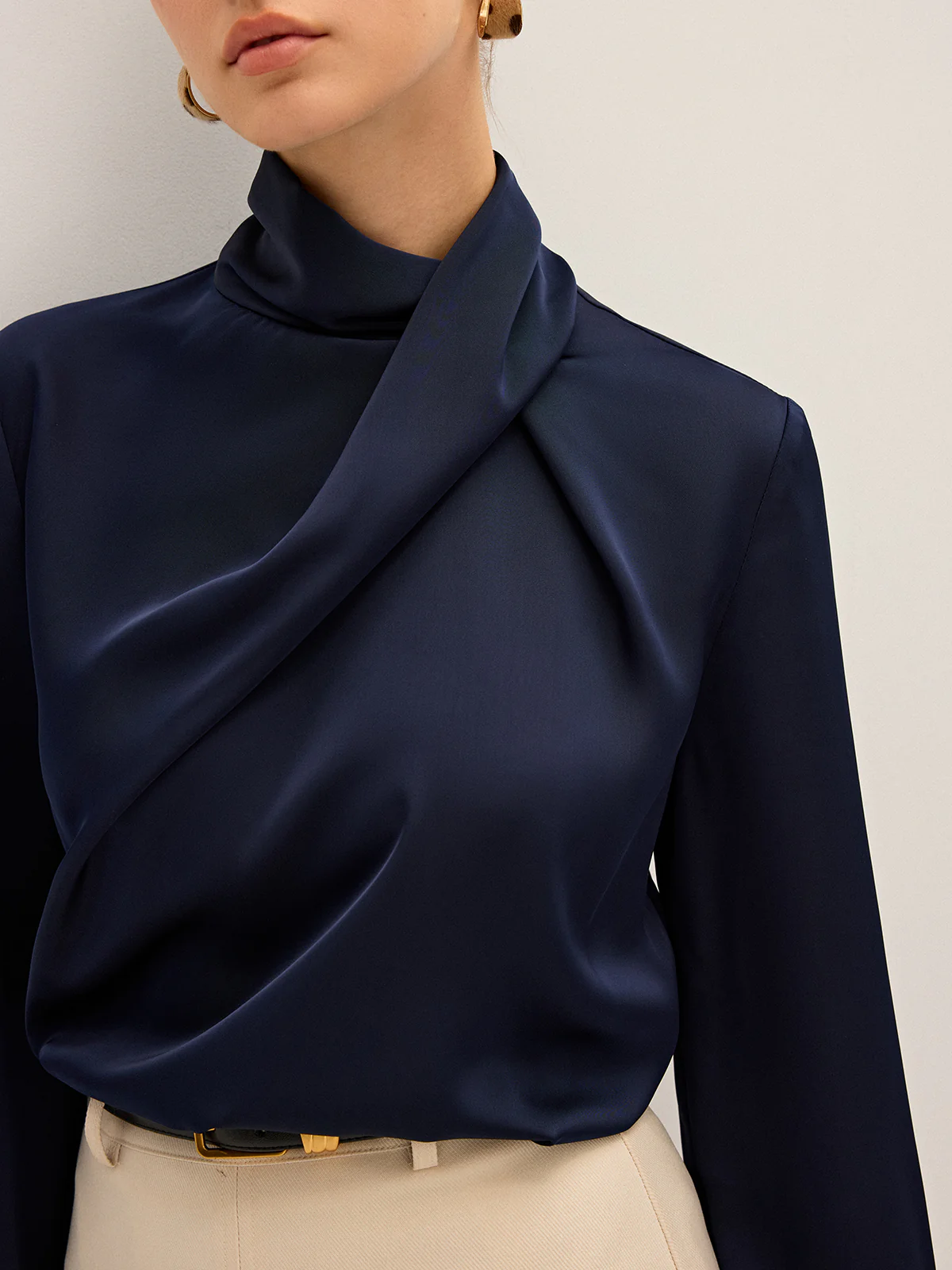 Satin Draped High Neck Blouse - Wholesalesil
