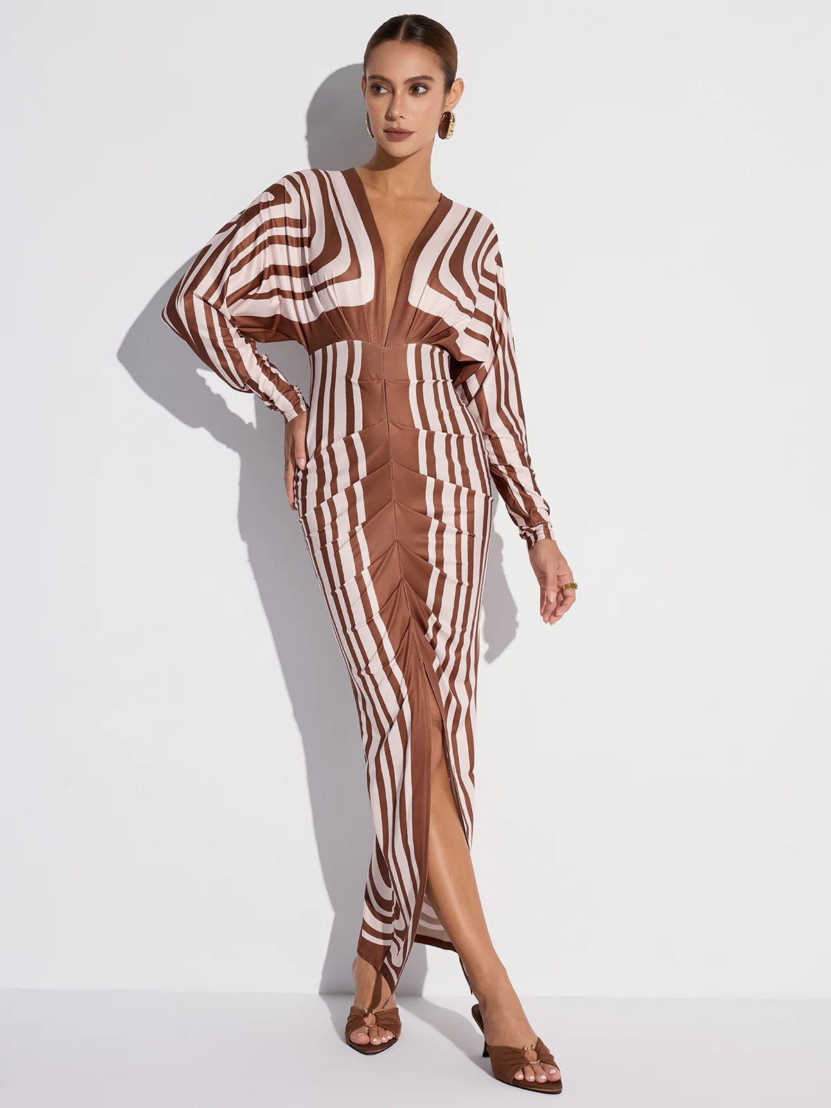 Striped Plunge Neck Slit Midi Dress without Belt - Wholesalesil