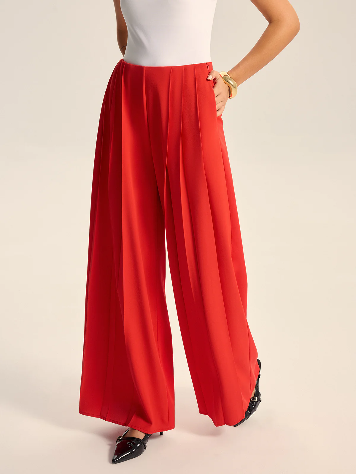 Mid-Waist Pleated Wide-Leg Pants - Wholesalesil
