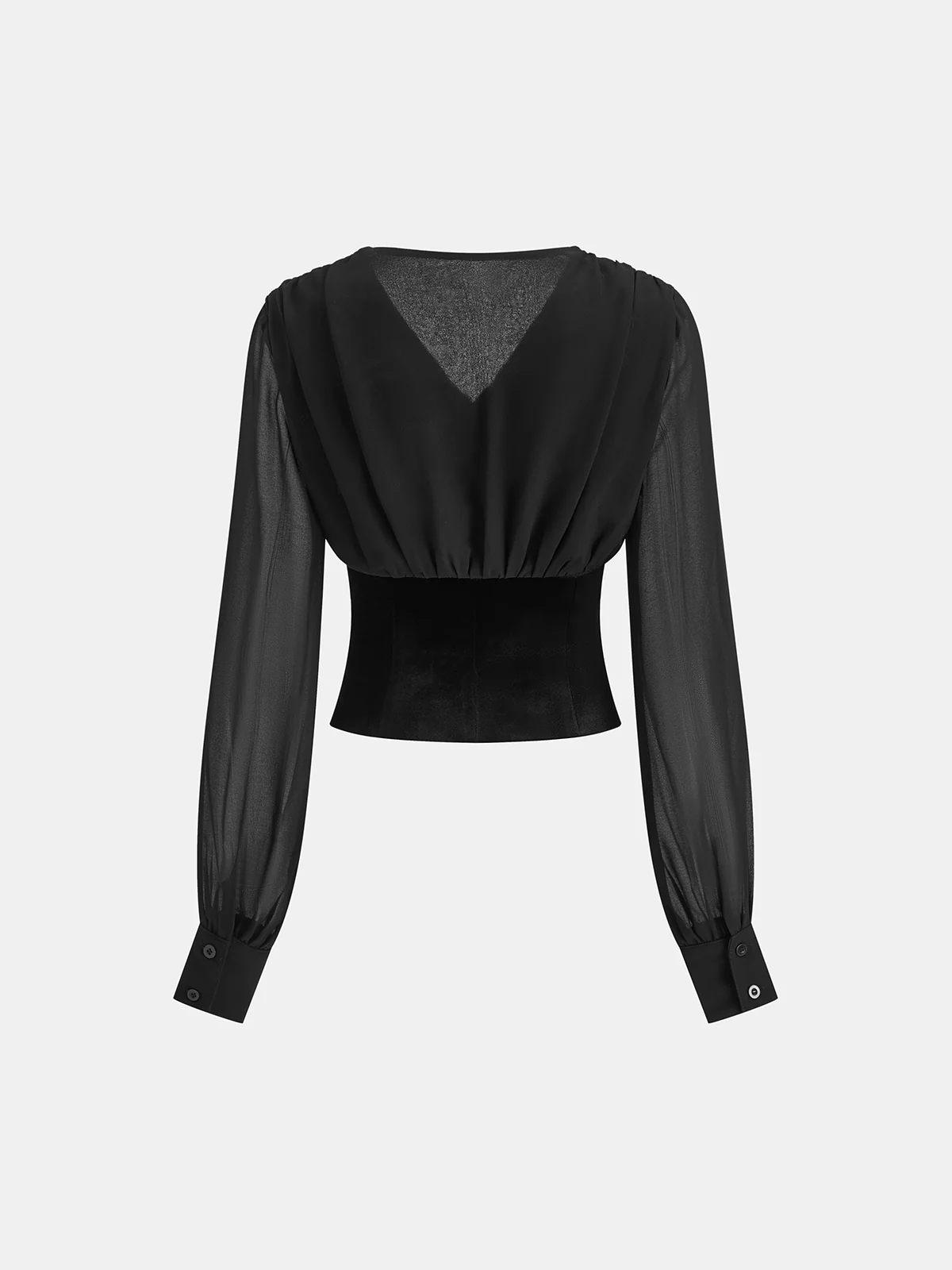 Velvet-Cinched V-Neck Chiffon Paneled Cropped Blouse - Wholesalesil