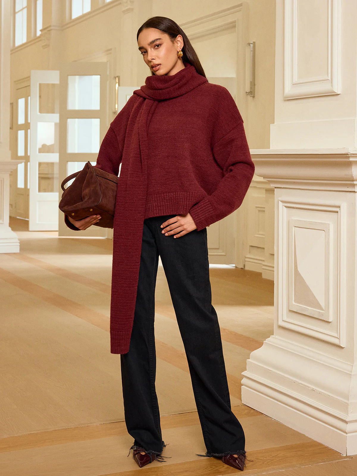 Oversized Knit Sweater with Scarf - Wholesalesil