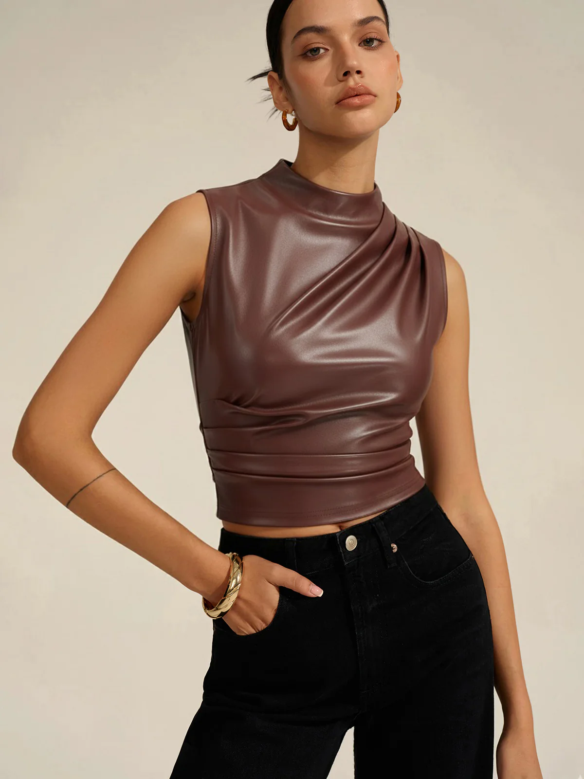 PU Leather Ruched Asymmetric Tank Top - Wholesalesil