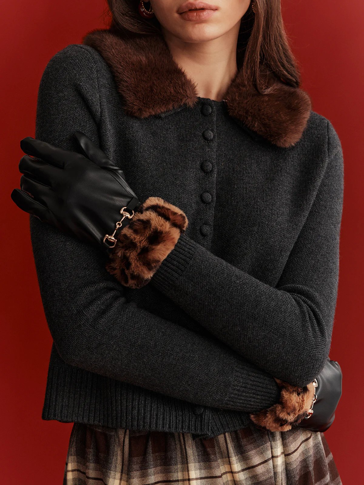 Leopard Faux Fur Cuff Faux Leather Gloves - Wholesalesil