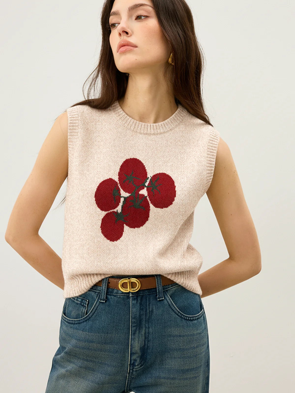 Tomato Patterned Wool Blend Knit Vest - Wholesalesil