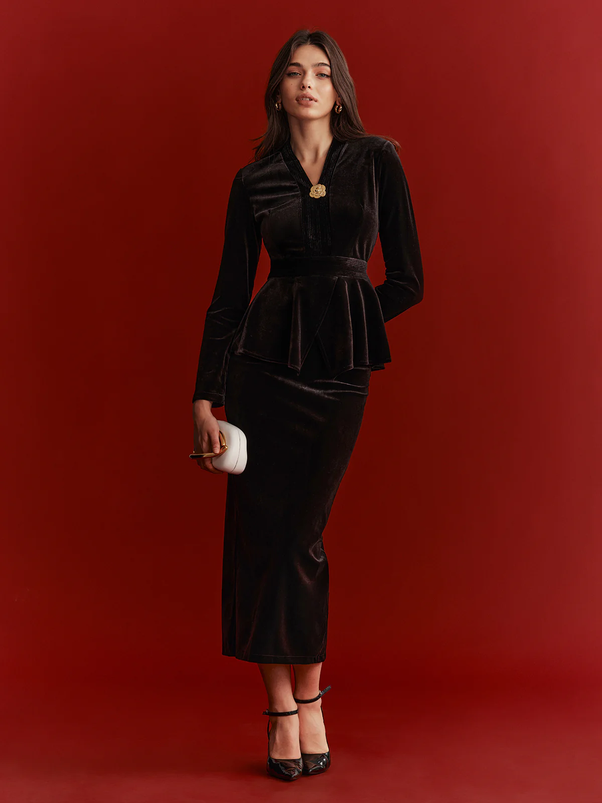 Velvet Peplum Top and Midi Skirt Set - Wholesalesil