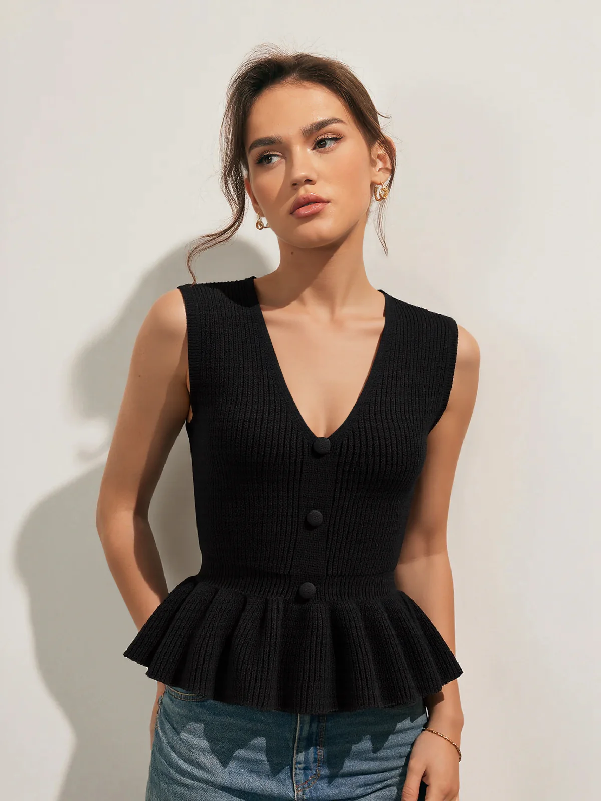 Button V-Neck Knit Peplum Vest - Wholesalesil