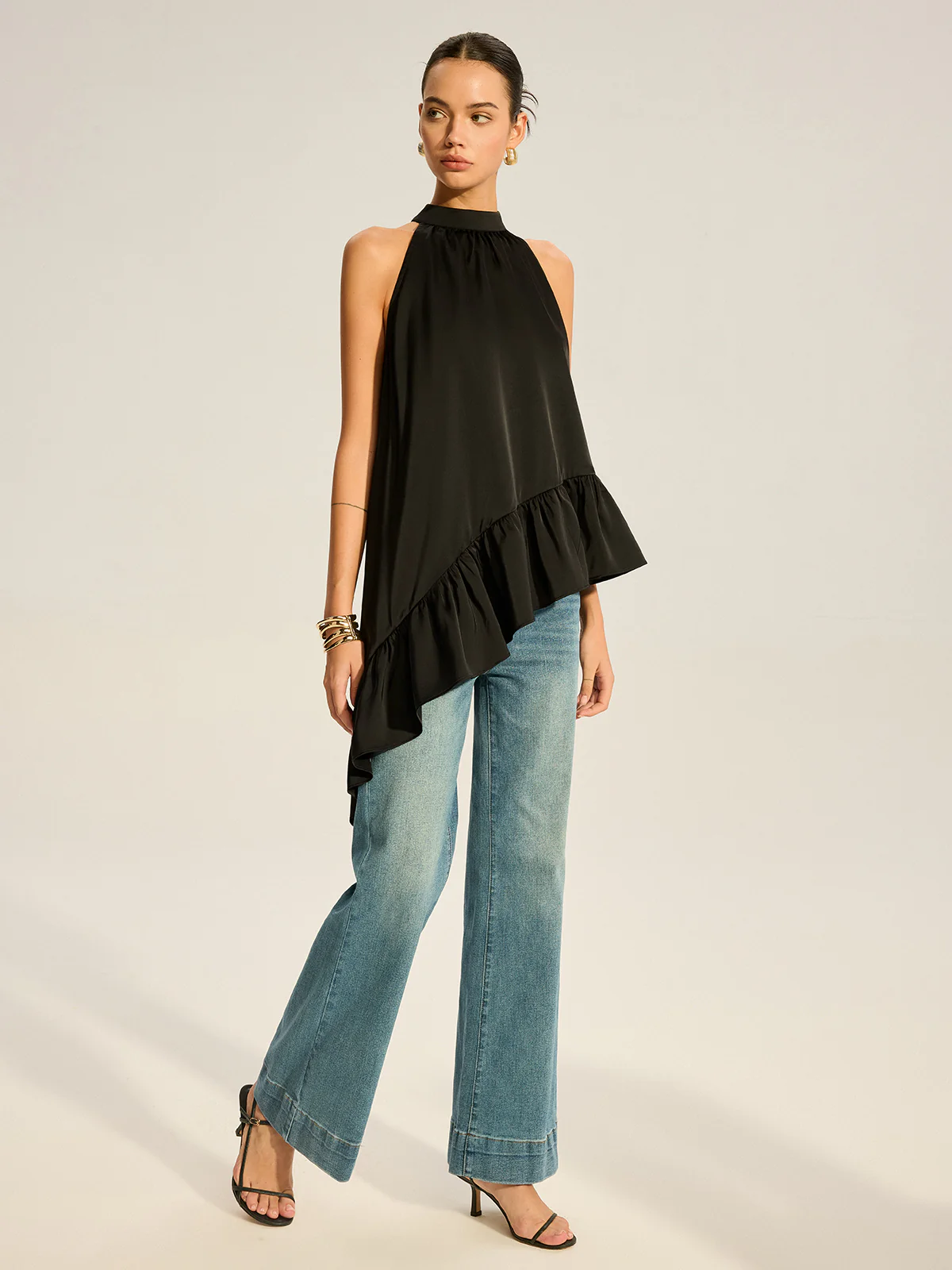 Asymmetric Ruffle Hem Halter Top - Wholesalesil