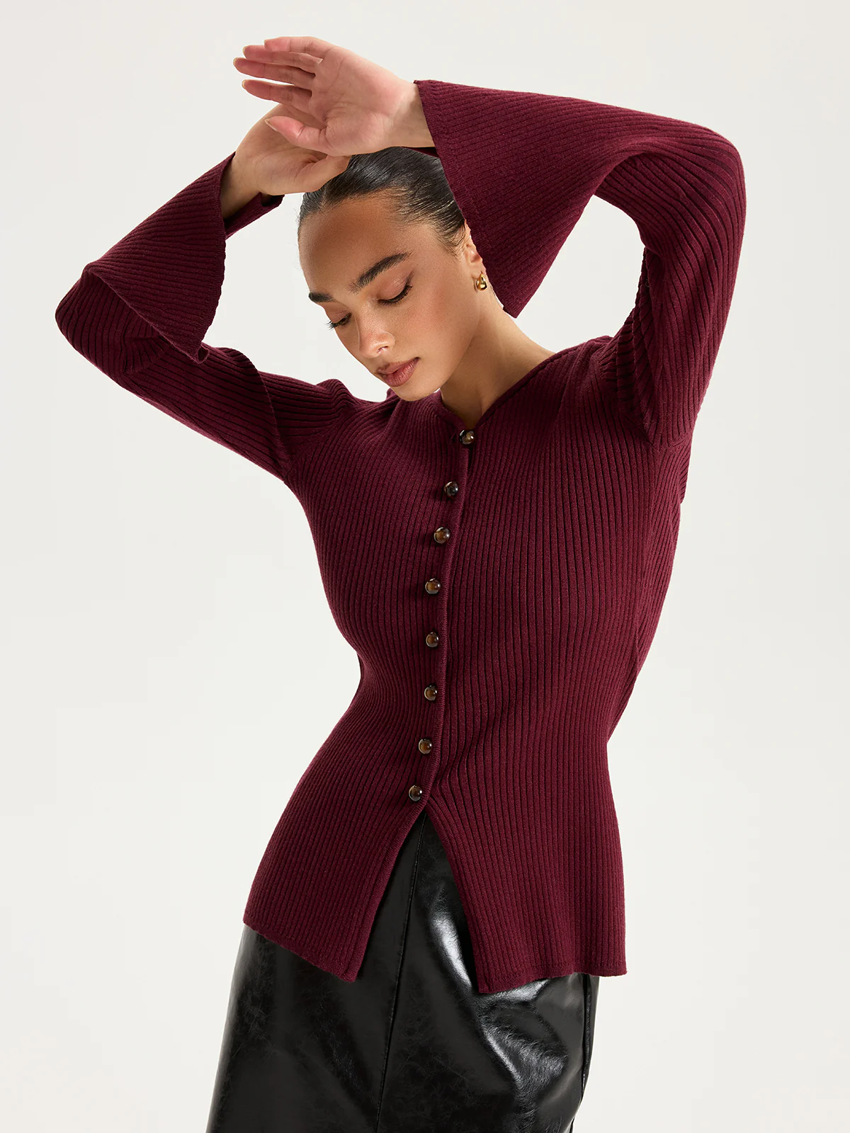 Button-Front Ribbed Knit Top - Wholesalesil