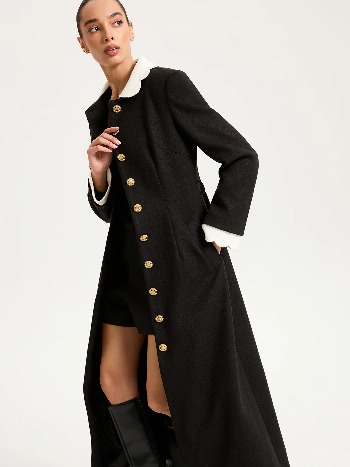 Contrast Collar Metal Button Longline Coat - Wholesalesil