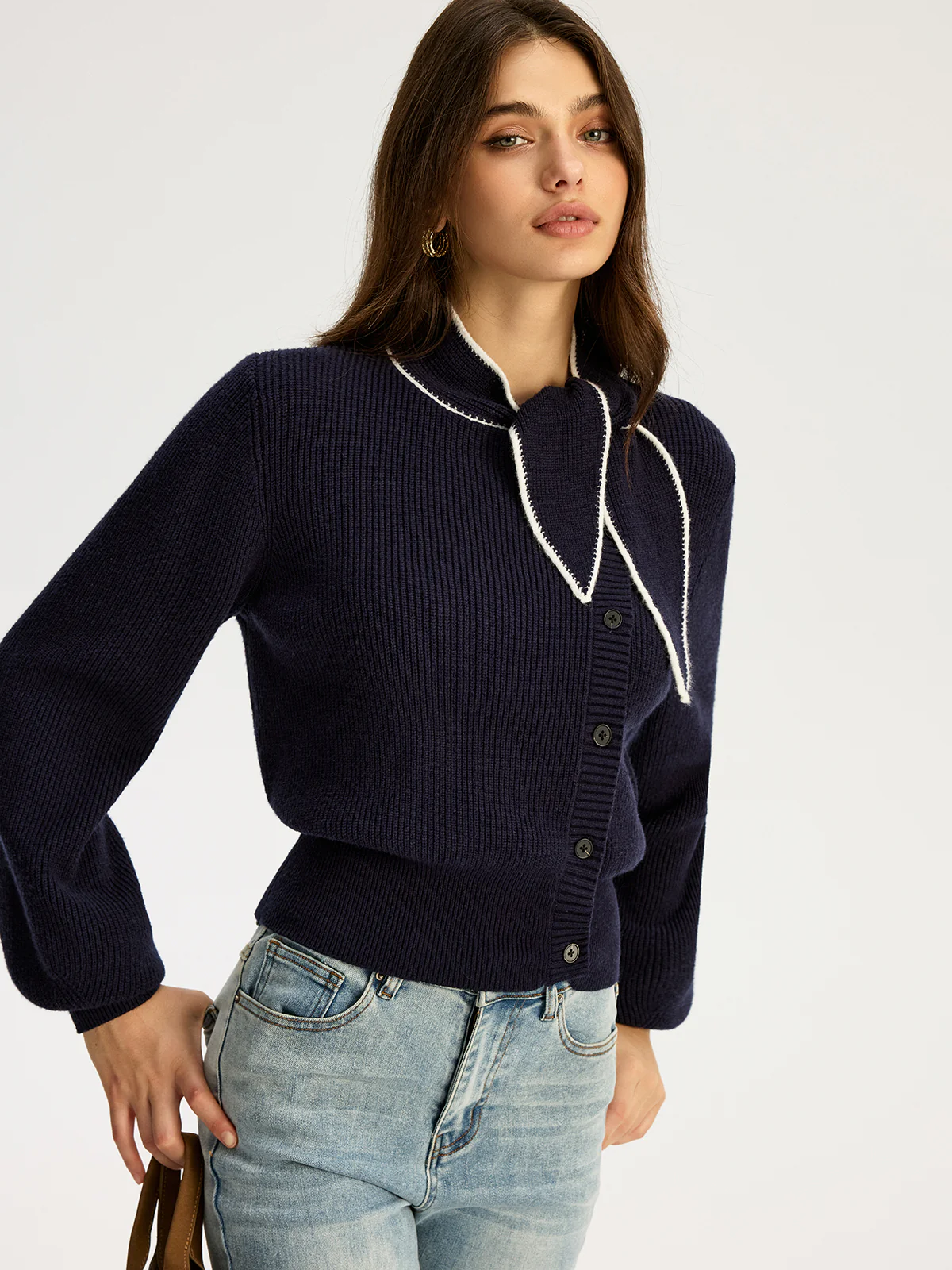 Tie Neck Button Knit Top - Wholesalesil