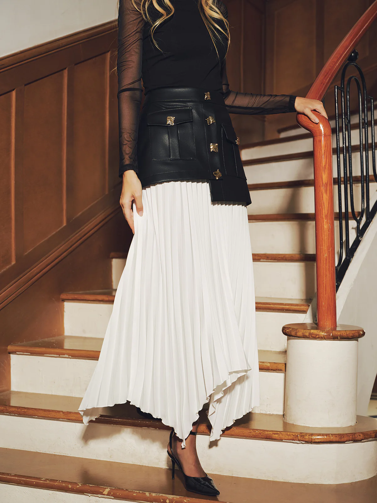 Faux Leather Paneled Asymmetric Pleated Maxi Skirt - Wholesalesil