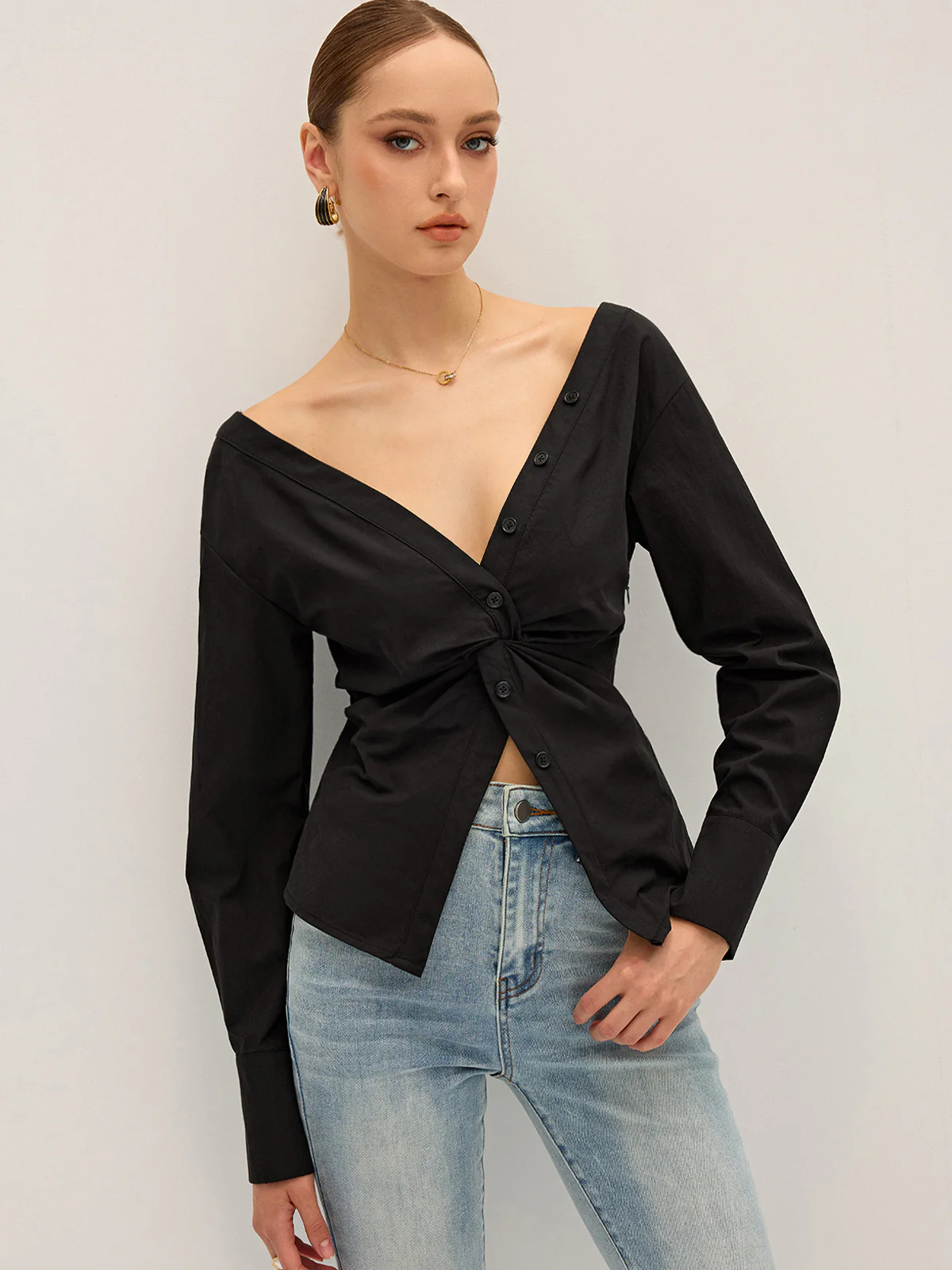 Twisted Front Deep V-Neck Shirt - Wholesalesil