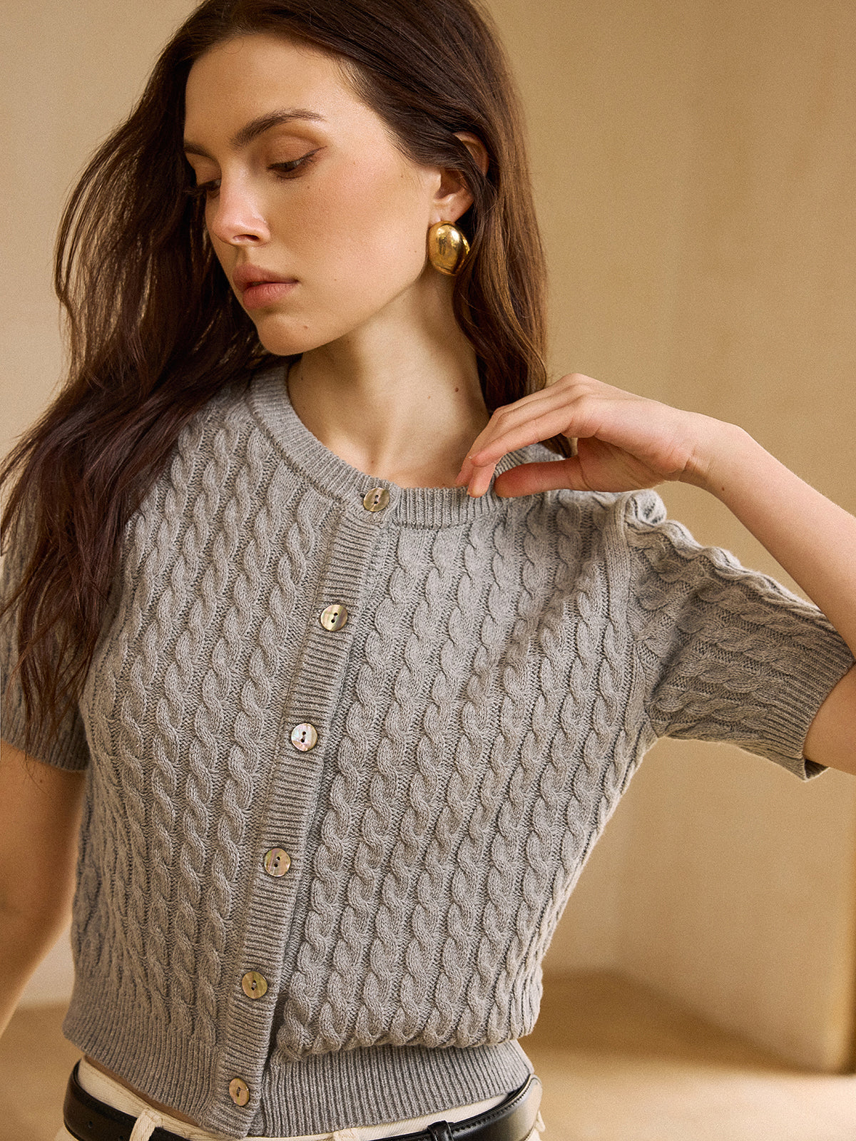 Cable Knit Short-Sleeve Cardigan - Wholesalesil