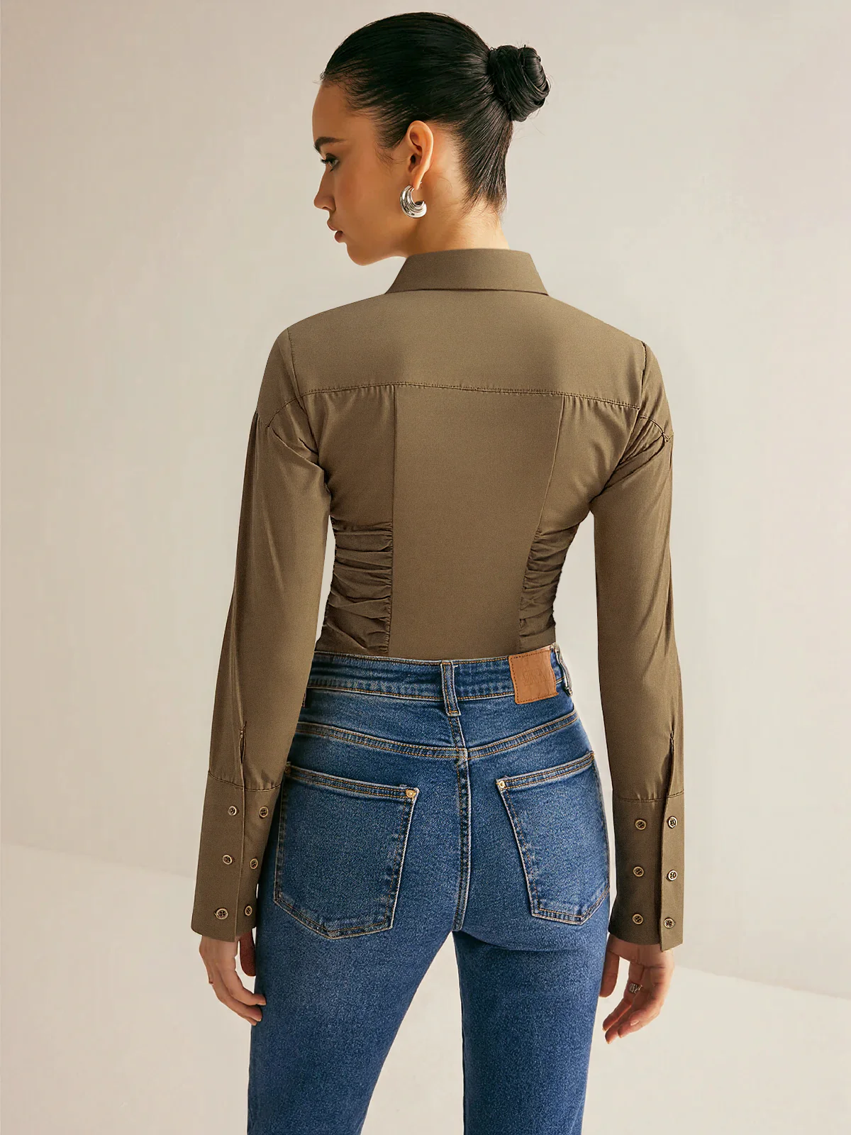 Cotton Blend Ruched Long Sleeve Shirt - Wholesalesil