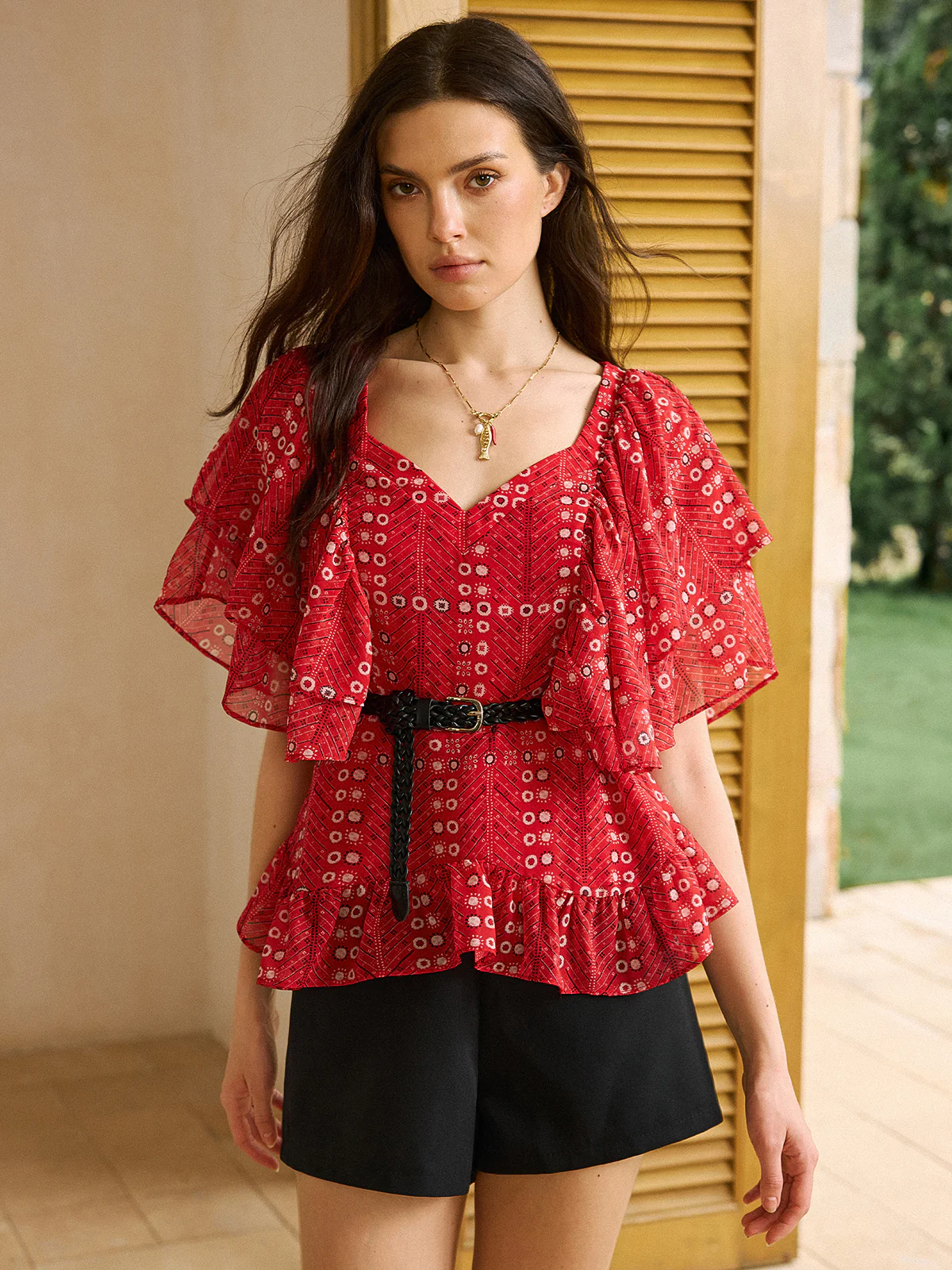 Printed Ruffled Peplum Top with Belt - Wholesalesil