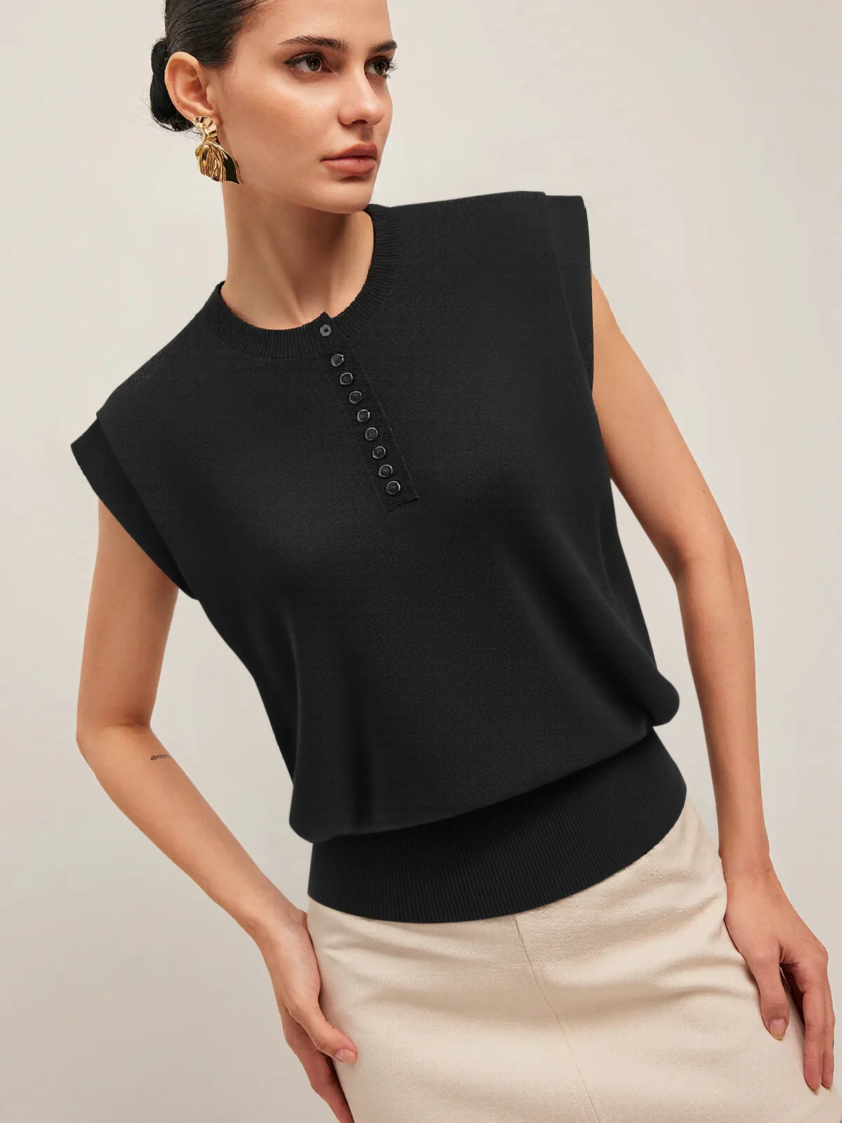 Cap Sleeve Button Cinched Knit Top - Wholesalesil