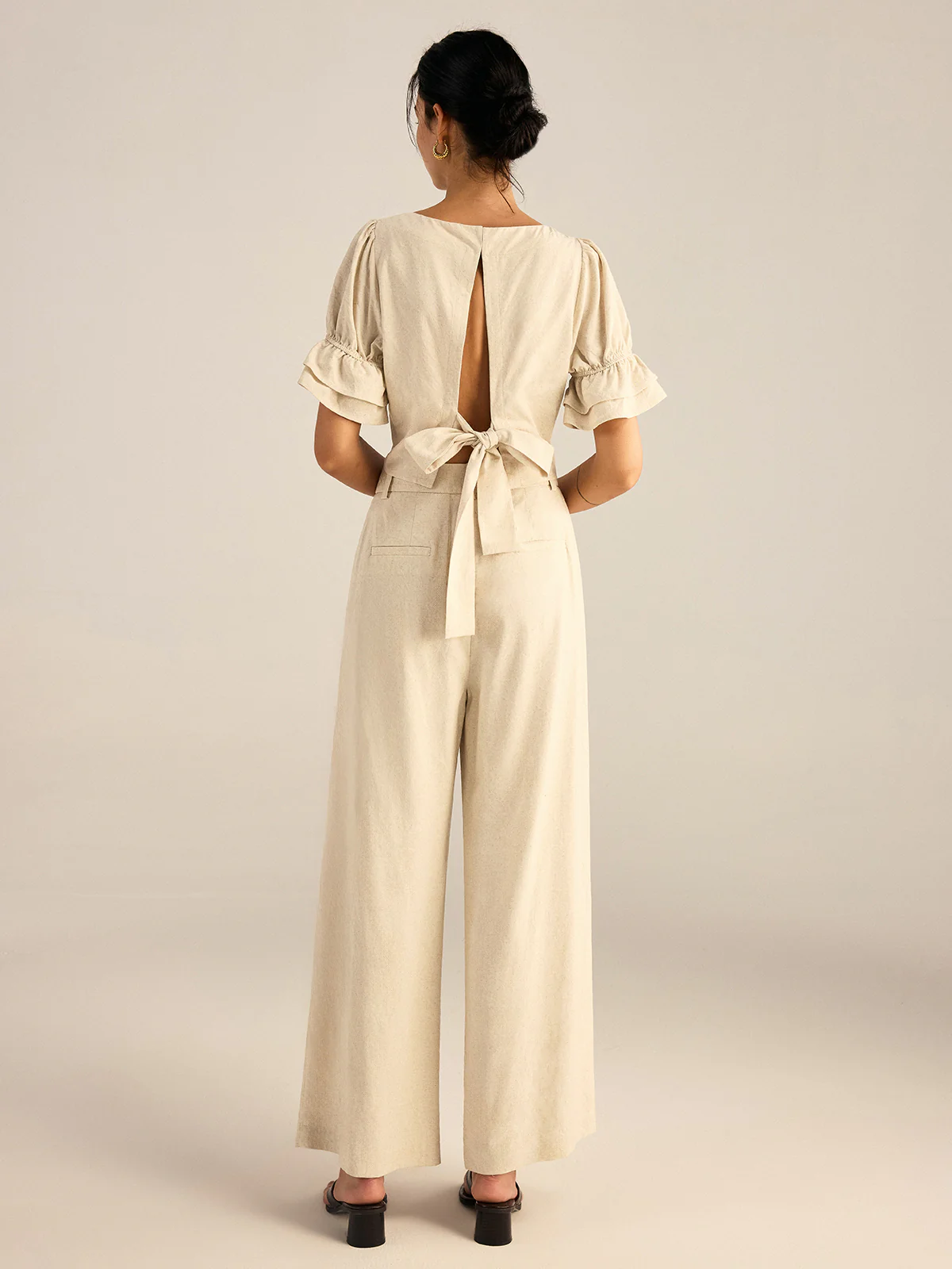 Cotton & Linen Puff-Sleeves Bow-Back Top and Pants Set - Wholesalesil