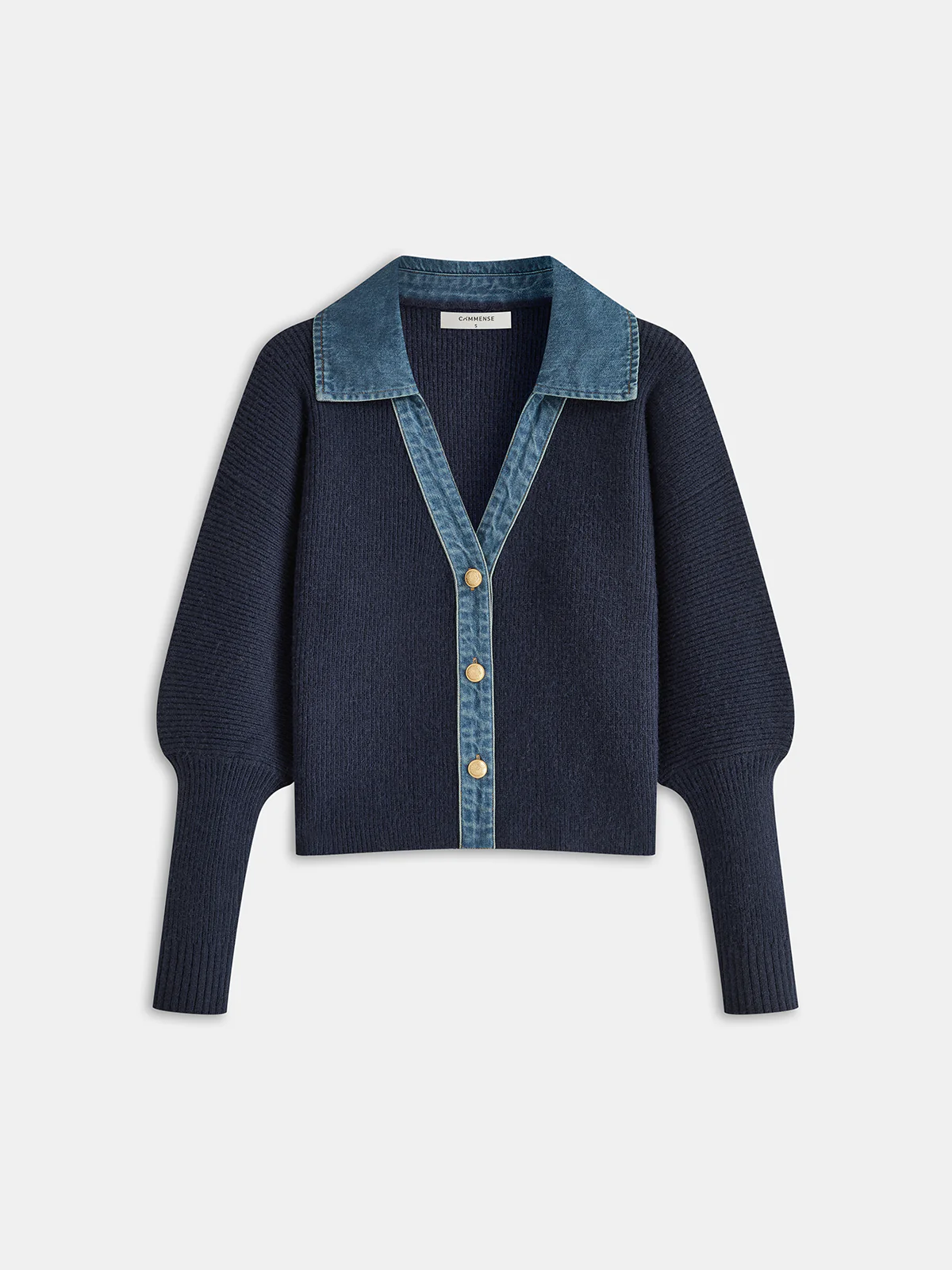Leg-Of-Mutton Sleeve Denim Panel Knit Cardigan - Wholesalesil