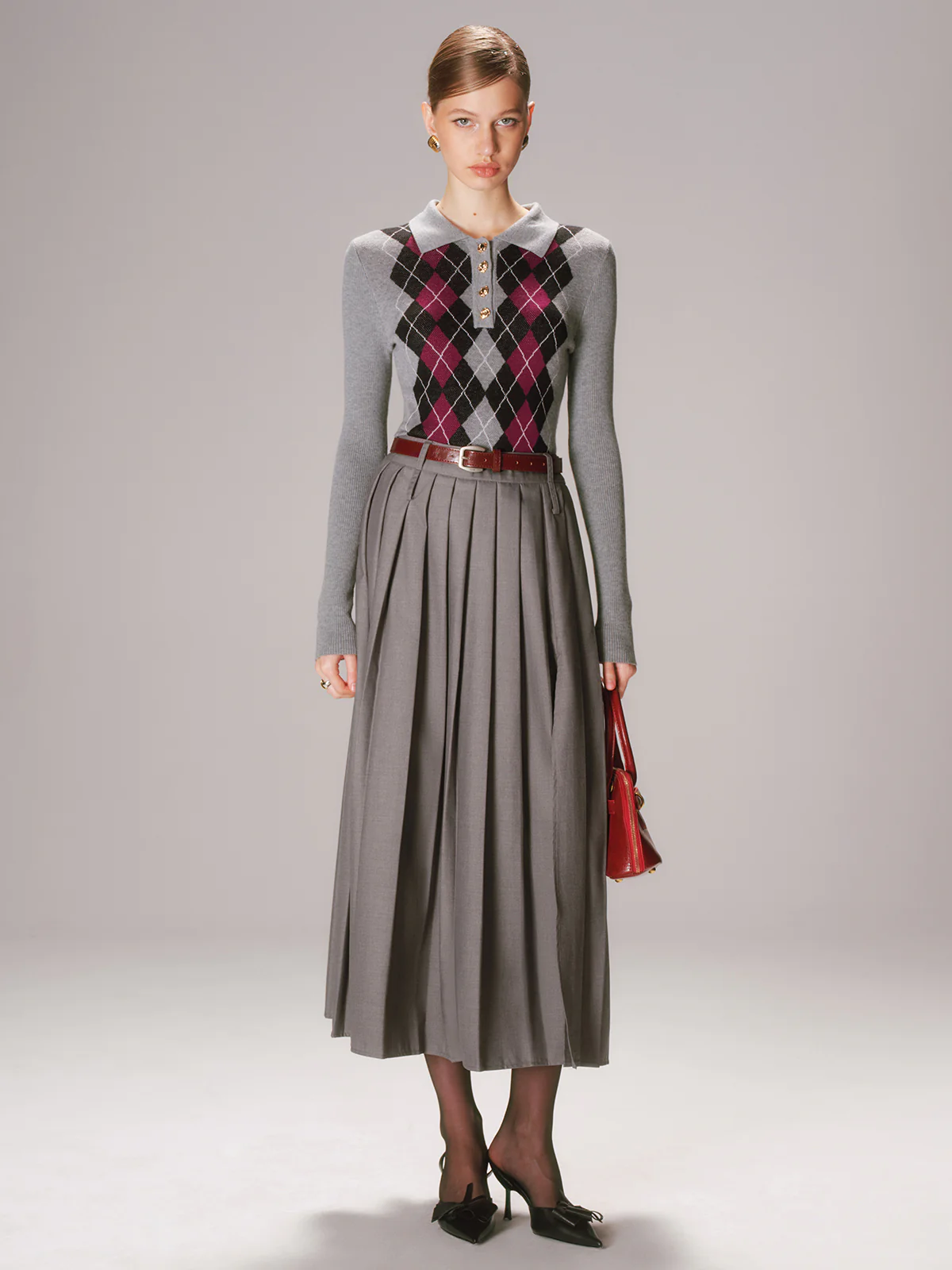 Argyle Wool-Blend Polo Knit Top - Wholesalesil