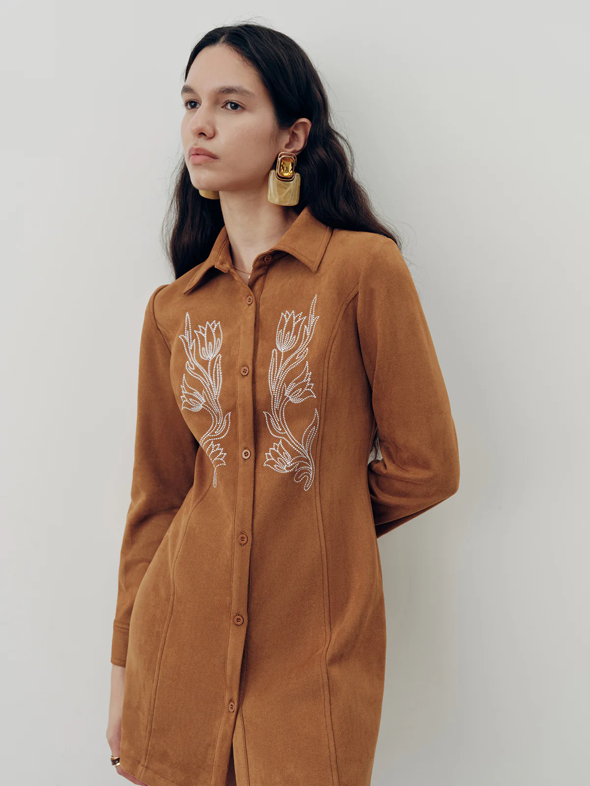 Suede Effect Floral Embroidery Shirt Dress - Wholesalesil