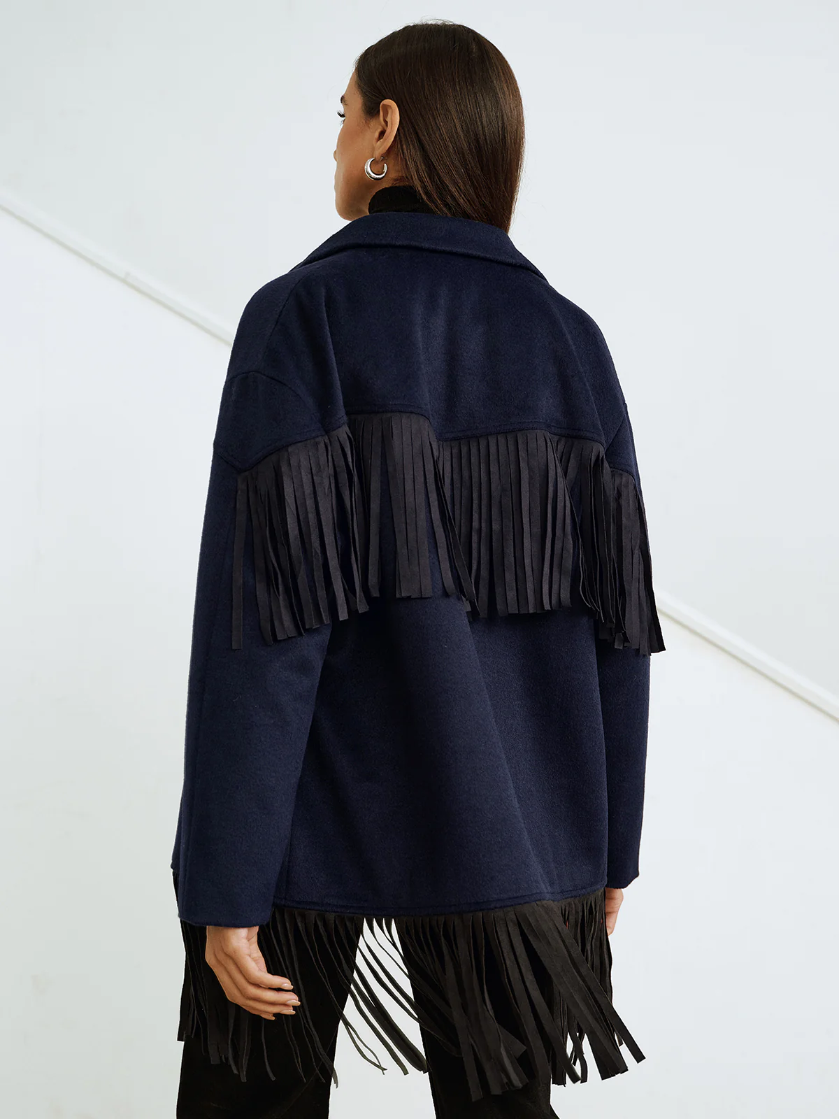 Fringe Detail Wool-Blend Collared Coat - Wholesalesil