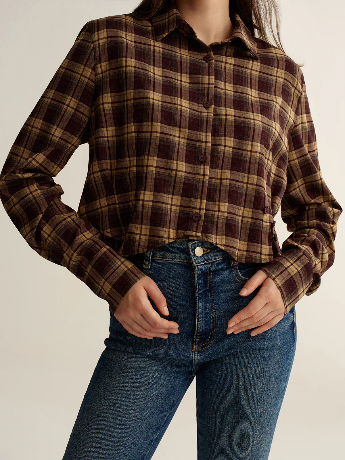 Knot Detail Button-Front Plaid Cropped Shirt - Wholesalesil