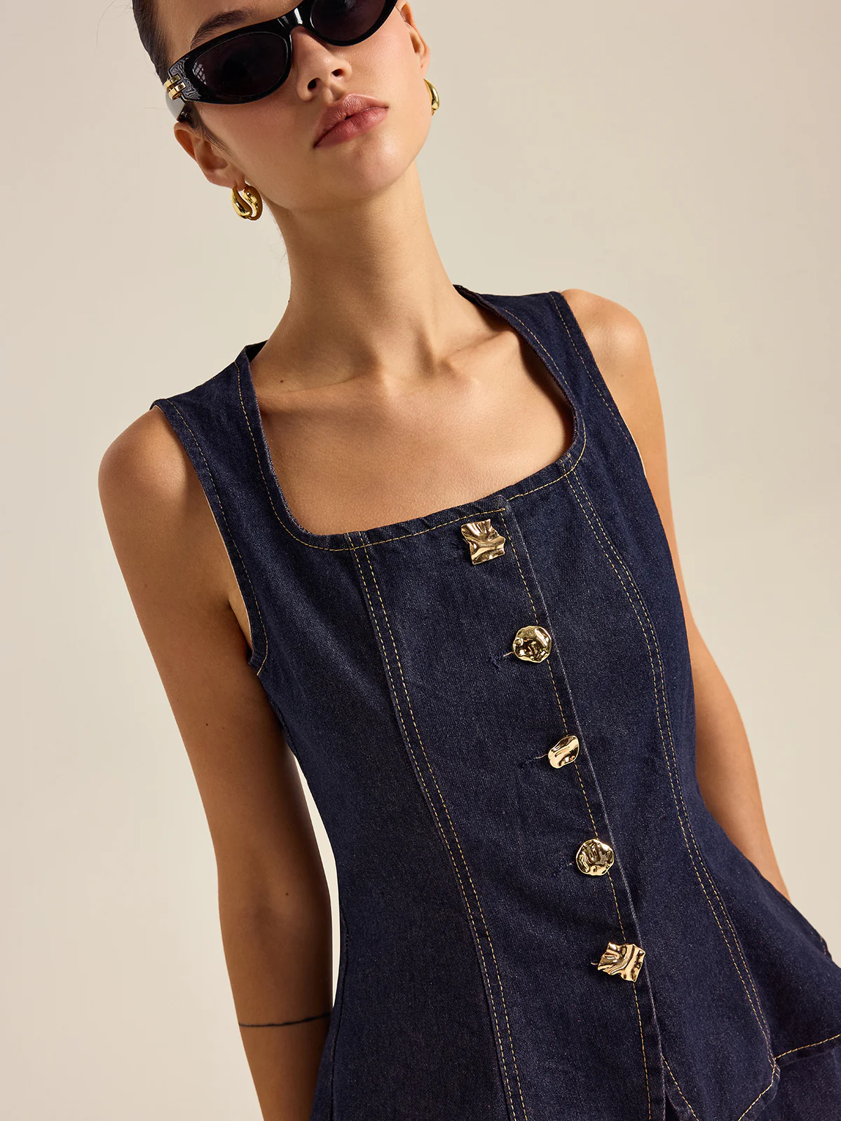 Denim Metal Button Peplum Top and Pants Set - Wholesalesil