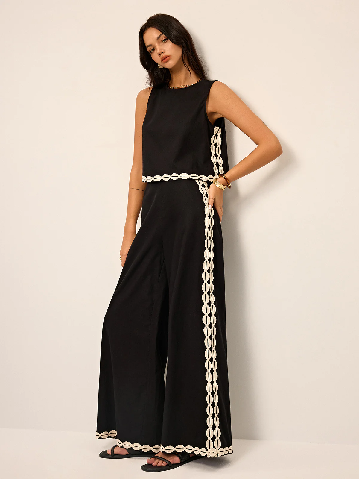 Cotton & Linen Contrast Trim Pants Set - Wholesalesil