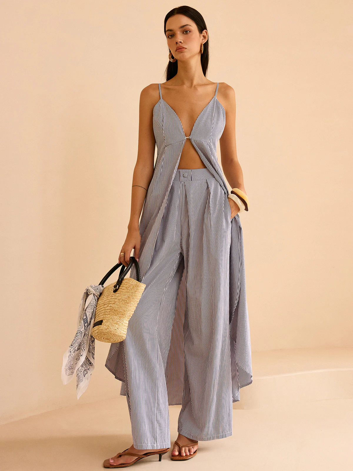 Striped Long Cami Top and Wide-Leg Pants Set - Wholesalesil