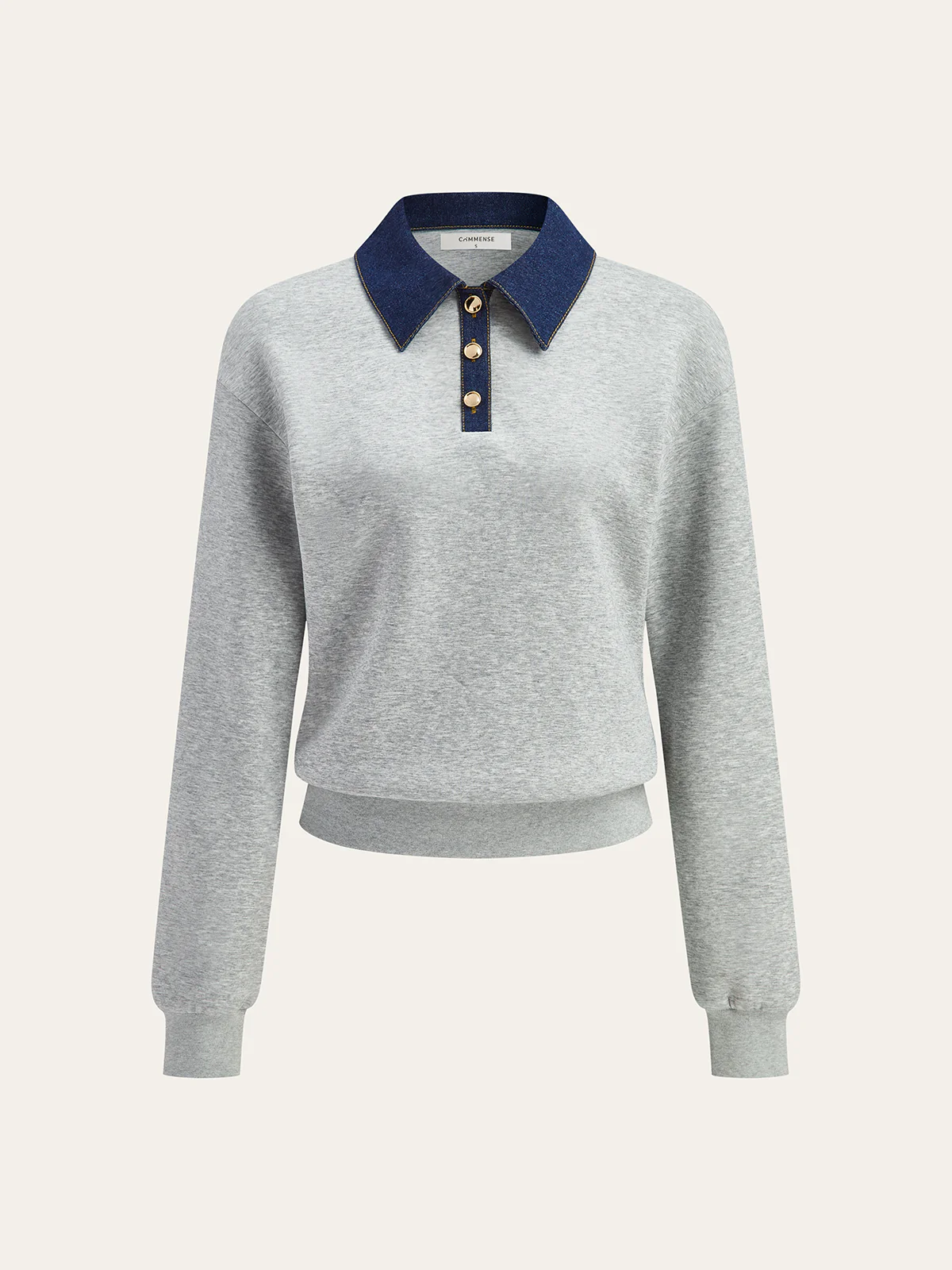 Denim Collar Metal Button Polo Sweatshirt - Wholesalesil