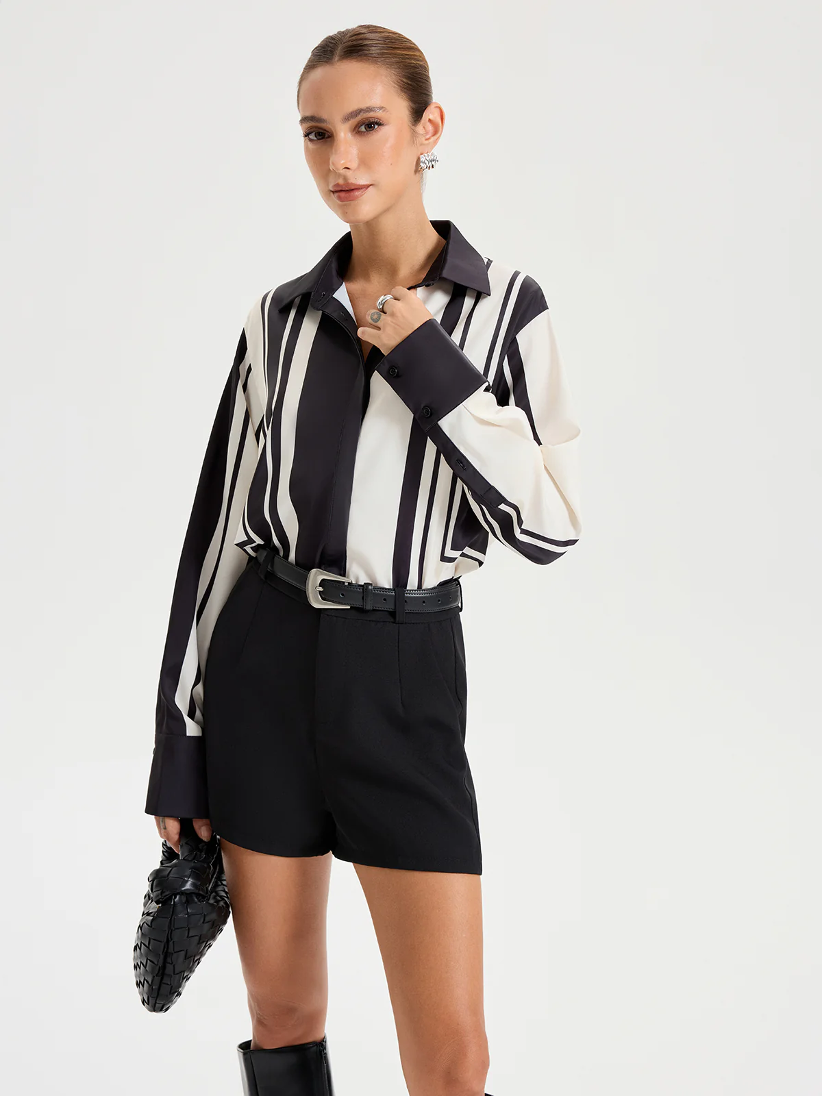 Contrast Striped Lapel Collar Shirt - Wholesalesil
