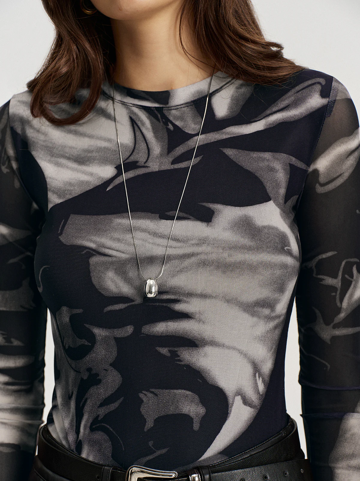 Abstract Print Semi-Sheer Long-Sleeve Top - Wholesalesil