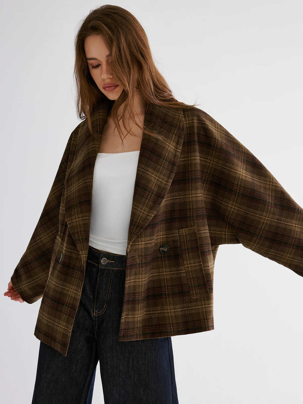 Wool-blend Gingham Loose Coat - Wholesalesil