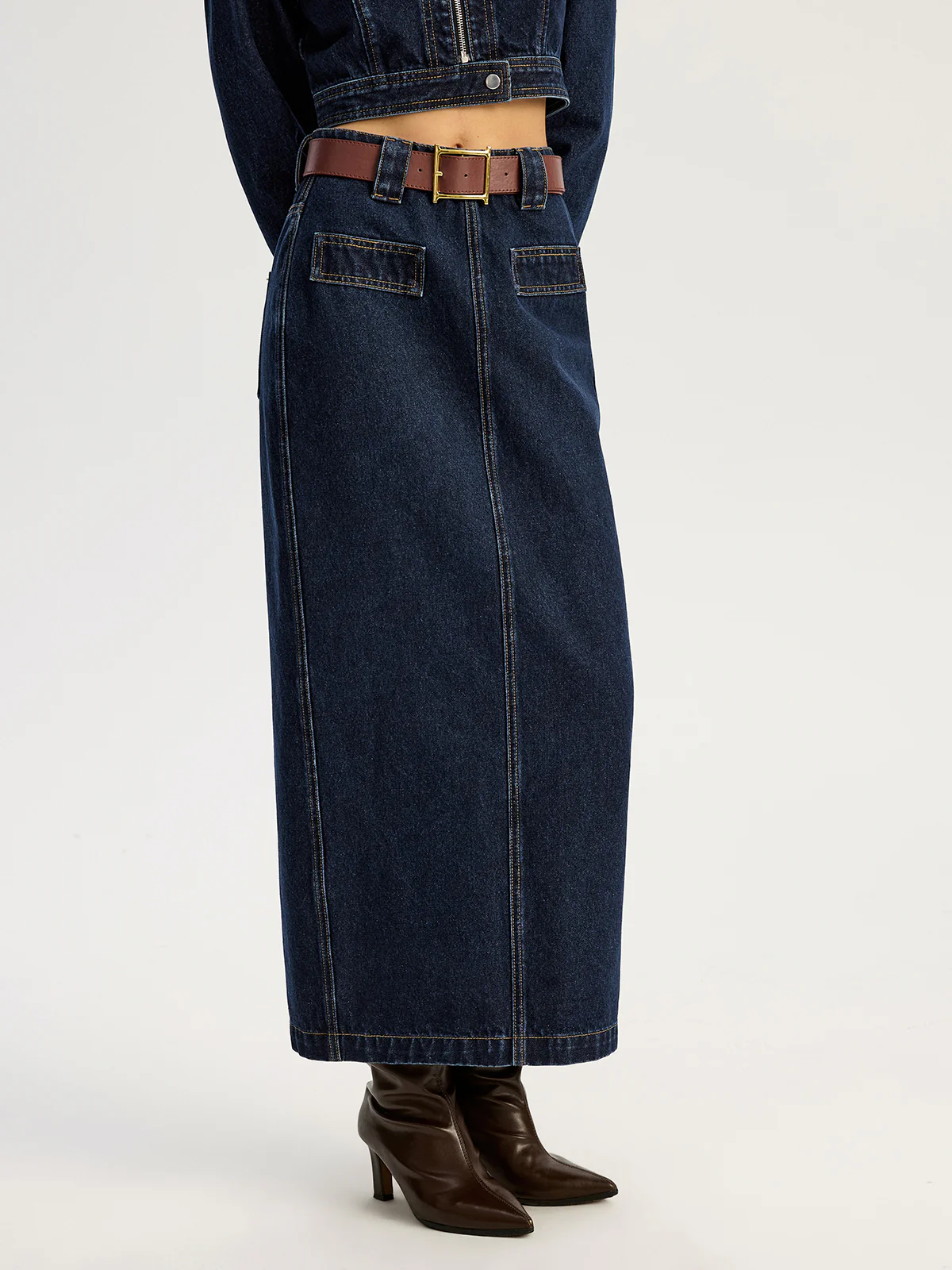 Belted Denim Maxi Skirt - Wholesalesil