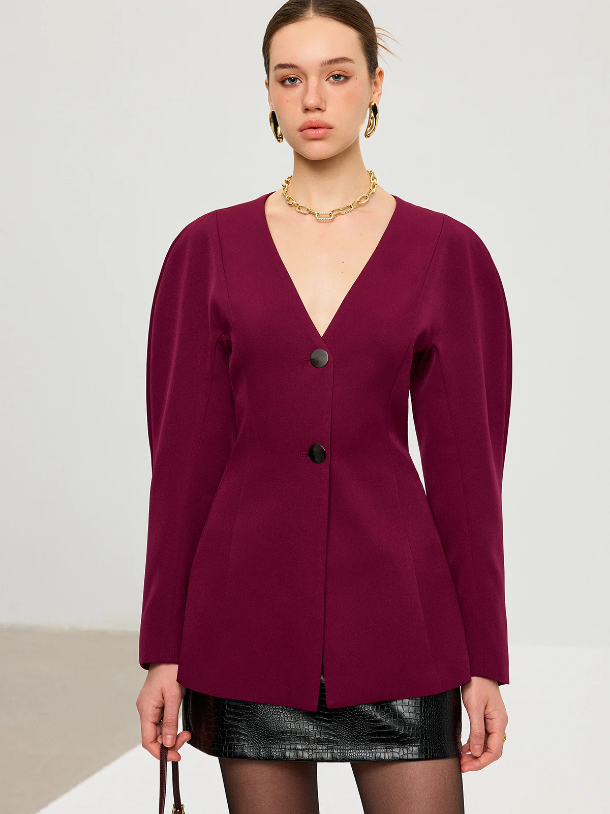 Puff Sleeve V-Neck Blazer - Wholesalesil