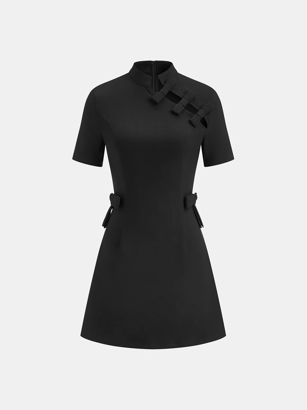 Bow Cut-Out Stand Collar Short Sleeve Dress - Wholesalesil