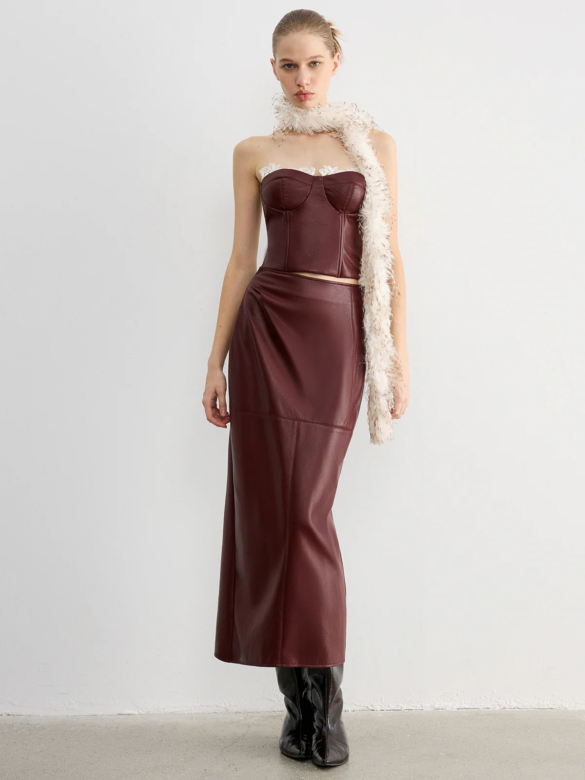 Lace Trim Faux Leather Skirt Set with Removable Straps - Wholesalesil