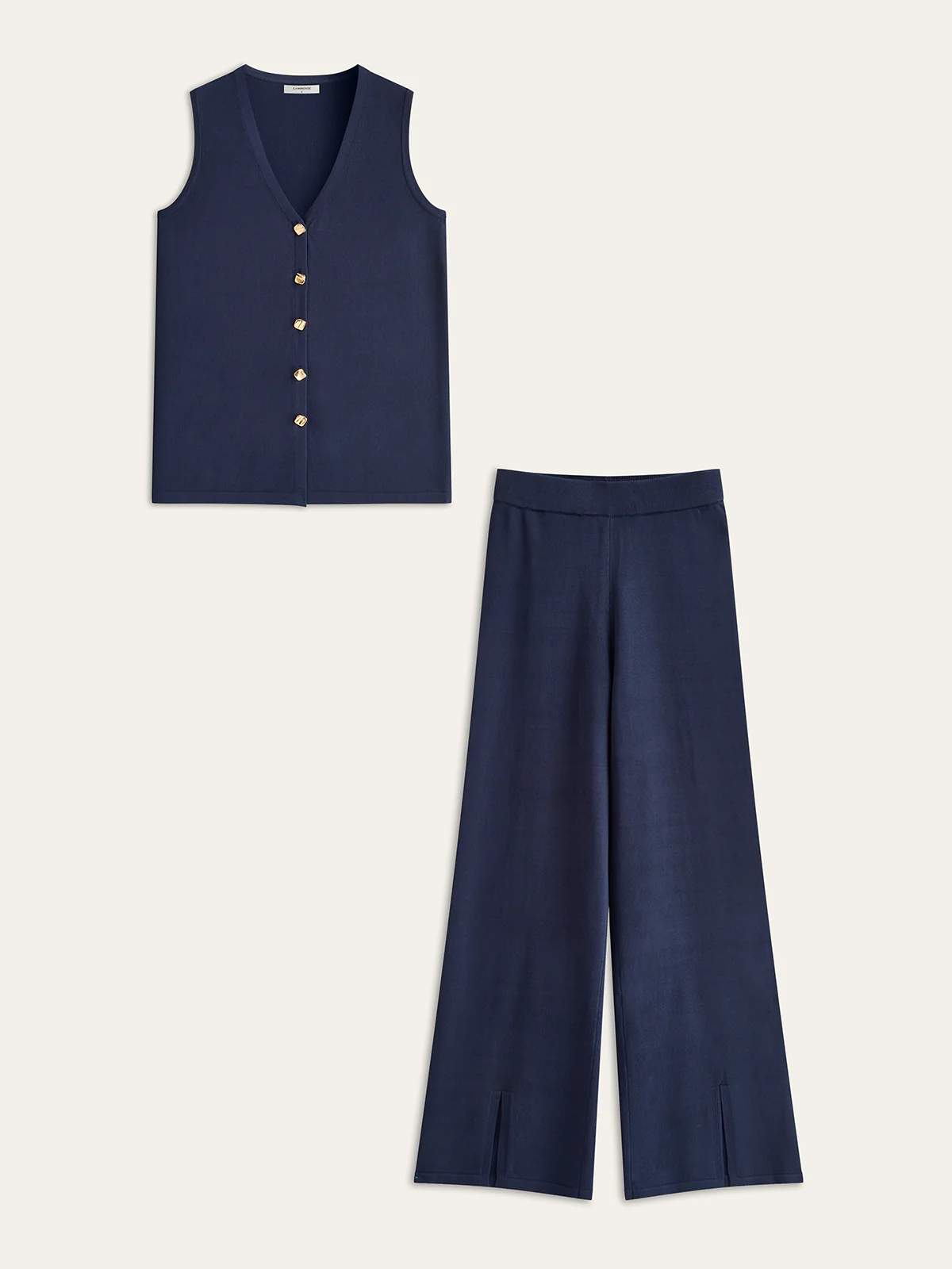 Golden Button Knit Vest Pants Set - Wholesalesil