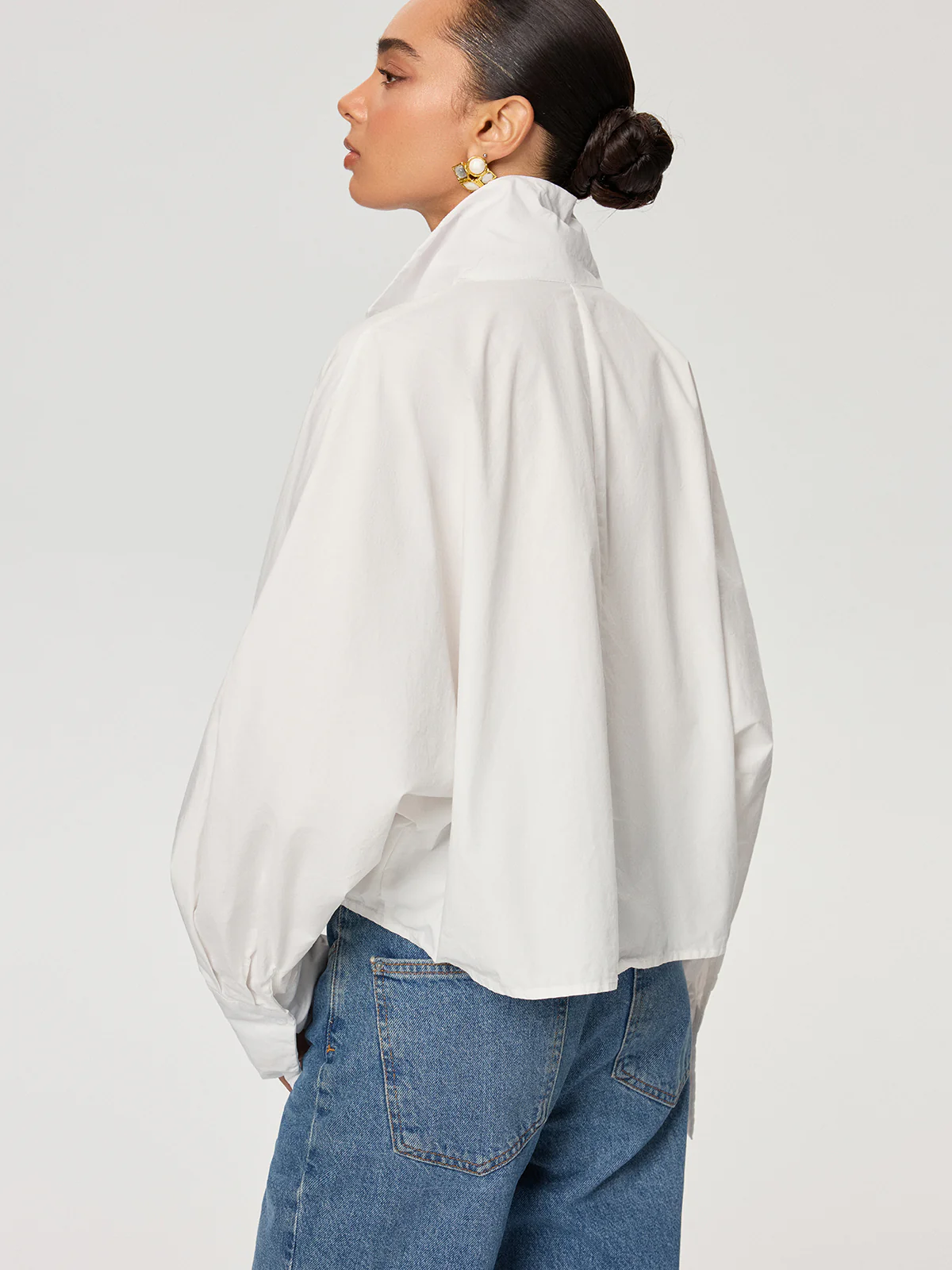 Cropped Stand Collar Cotton Shirt - Wholesalesil