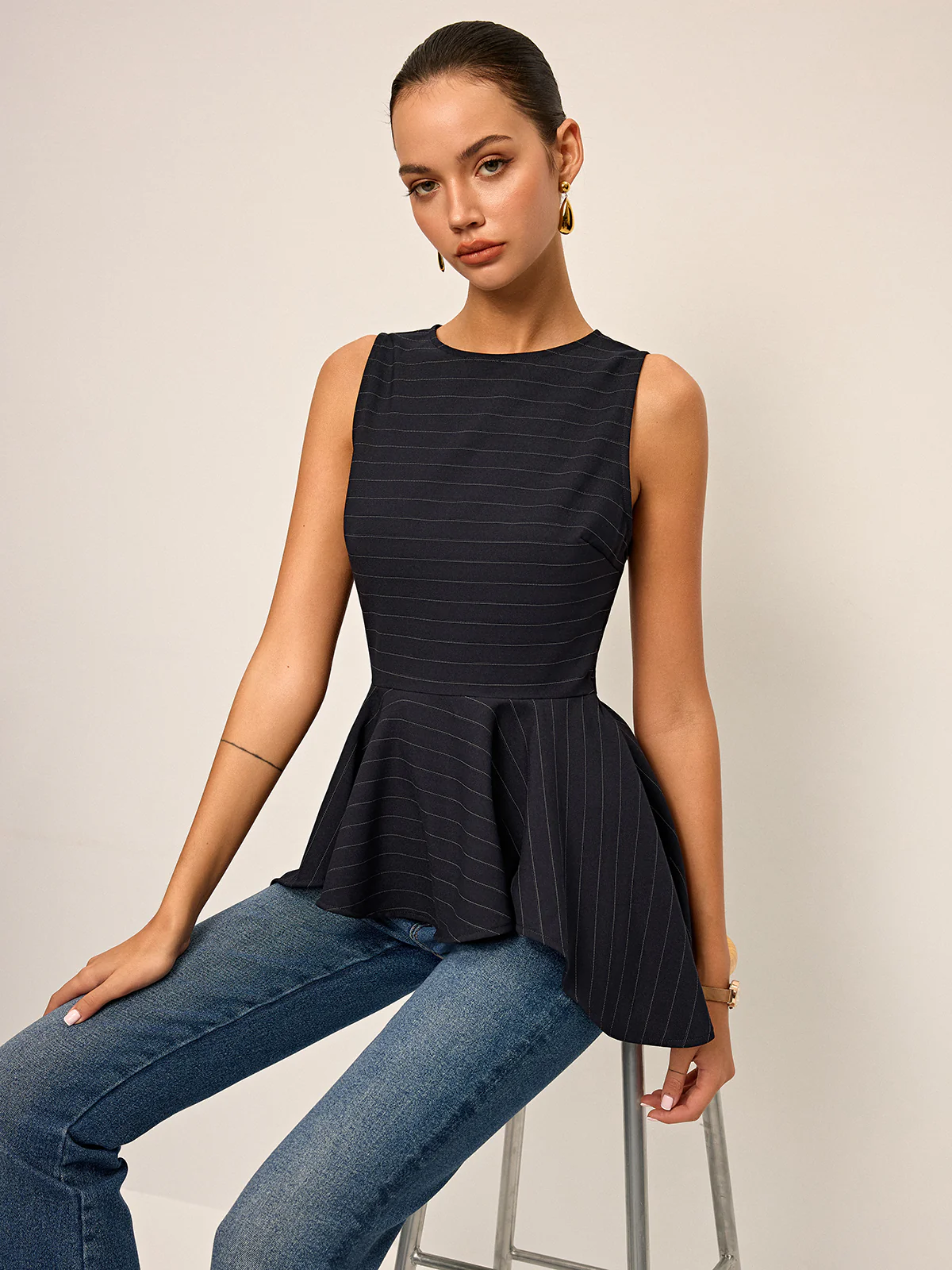 Striped Peplum Hem Sleeveless Top - Wholesalesil