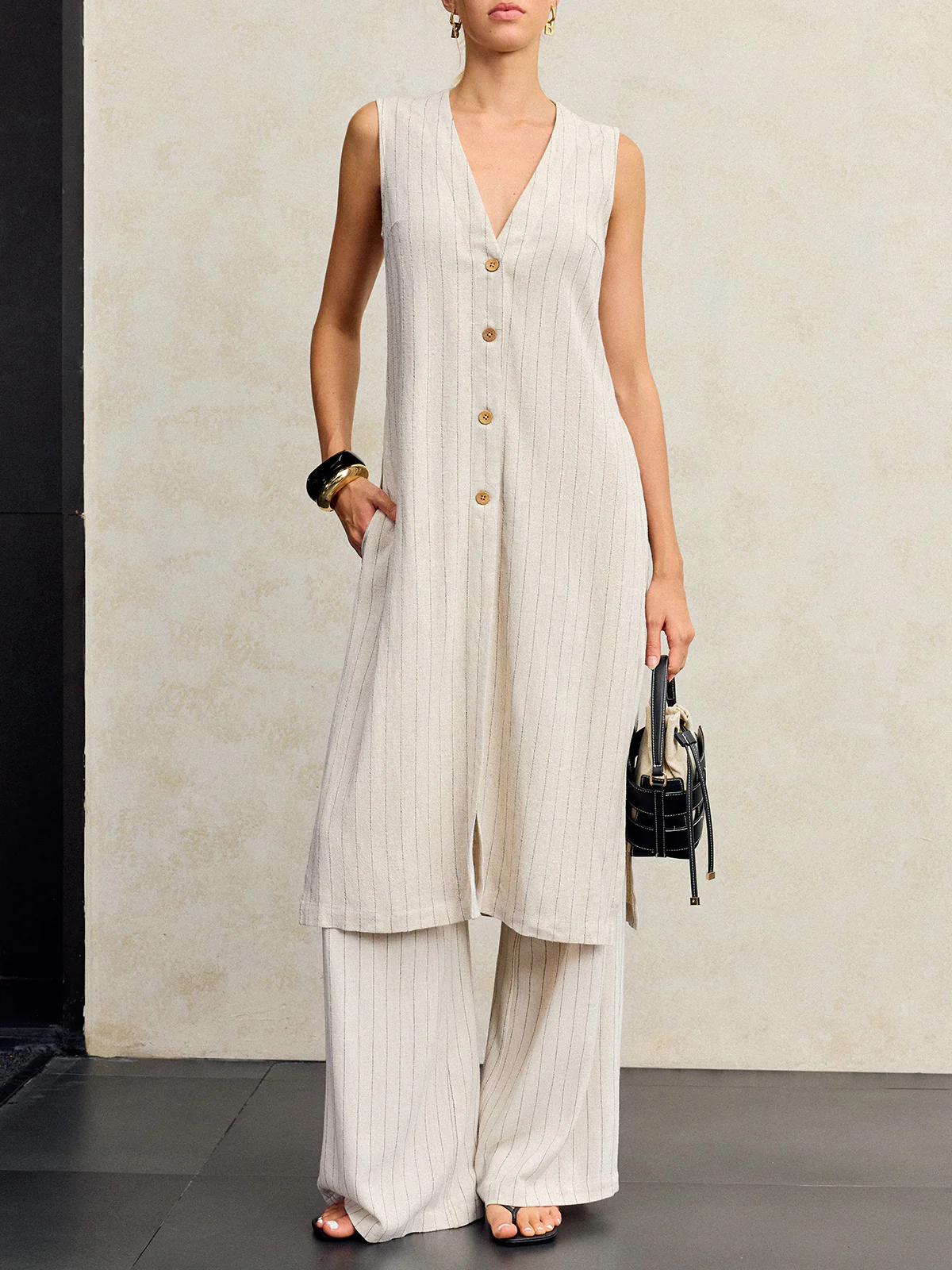 Striped Linen & Cotton Long Shirt - Wholesalesil