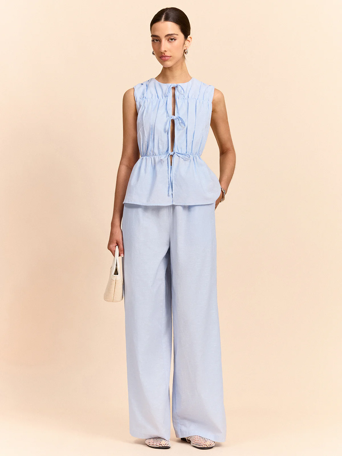 Tie-Front Linen & Cotton Pants Set - Wholesalesil