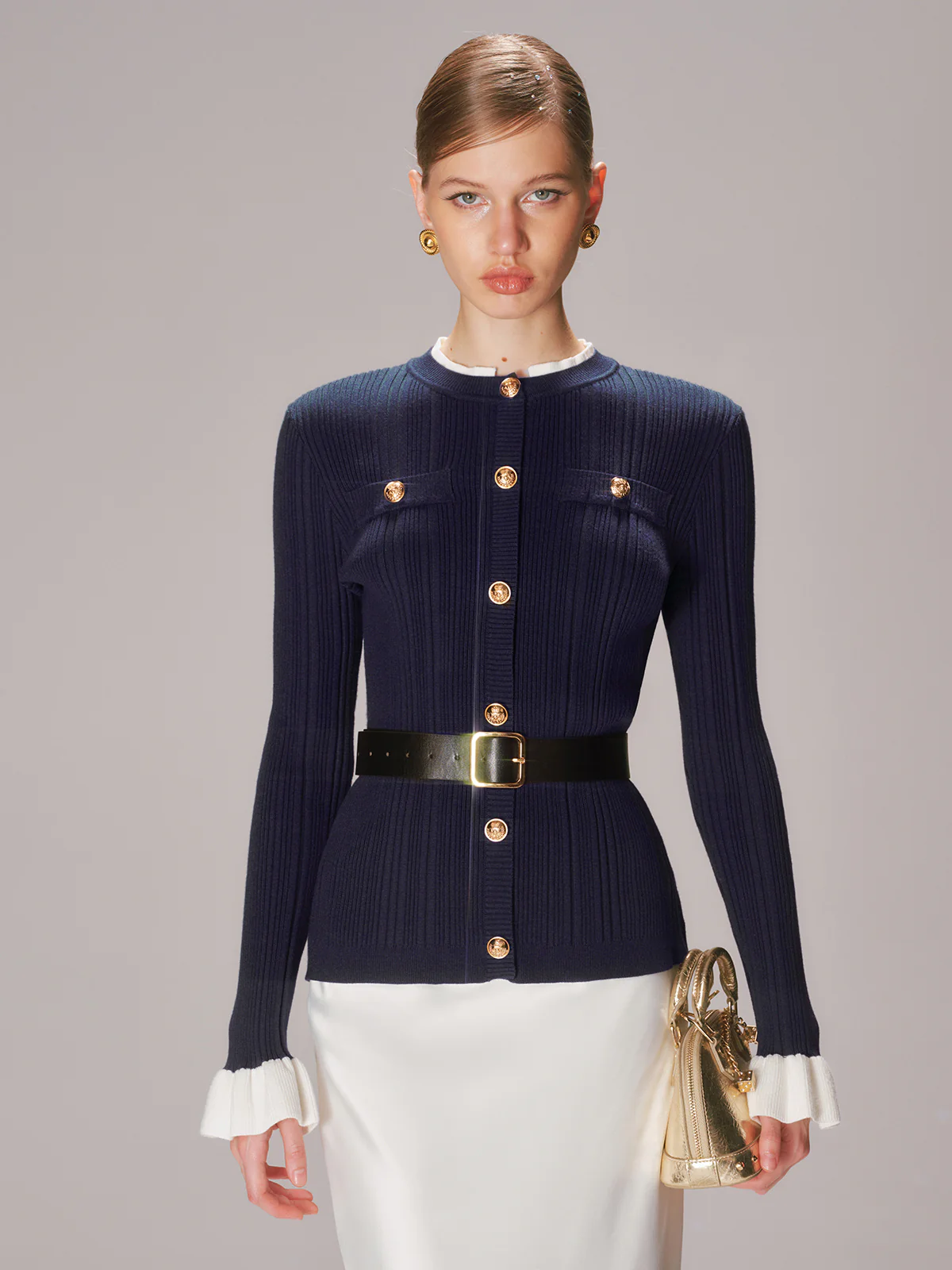 Belted Metal Button Ribbed Knit Top - Wholesalesil