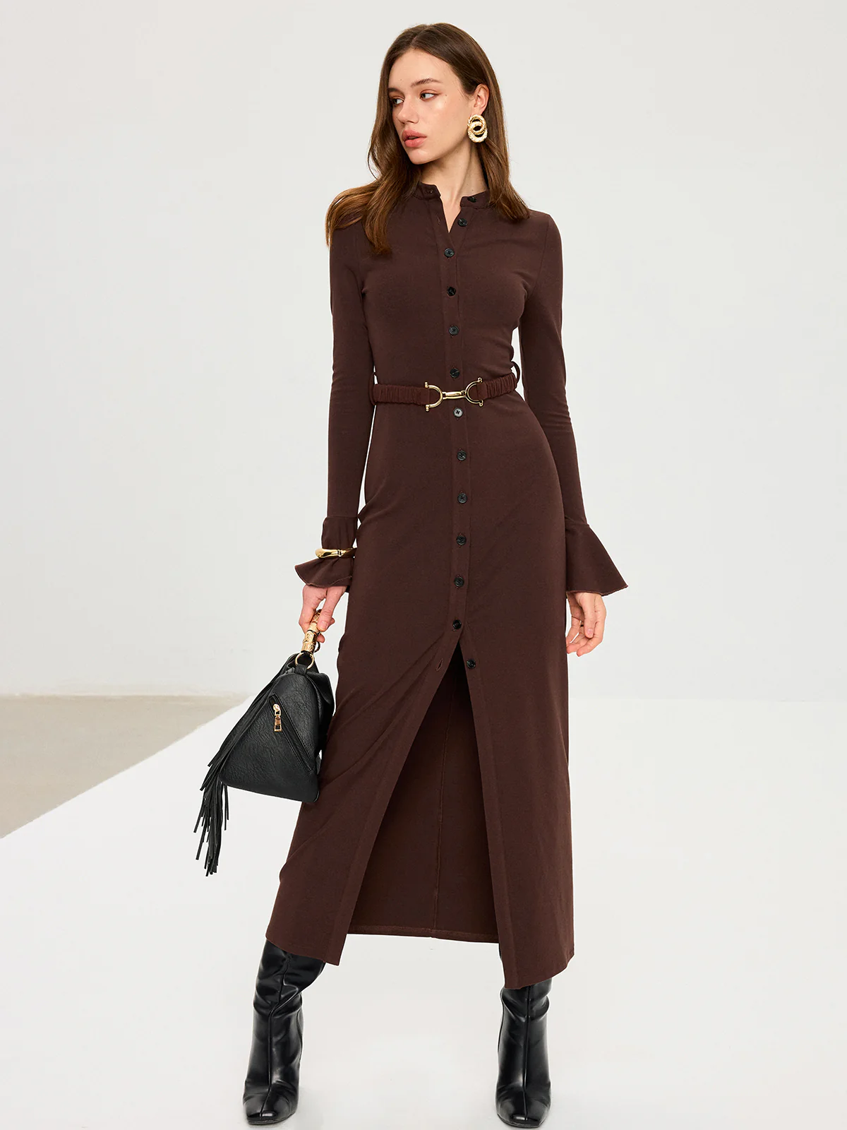 Flared Cuff Button-Front Maxi Dress - Wholesalesil