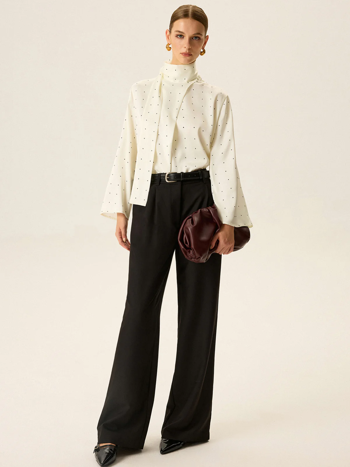 Polka Dot Satin High-Neck Blouse - Wholesalesil